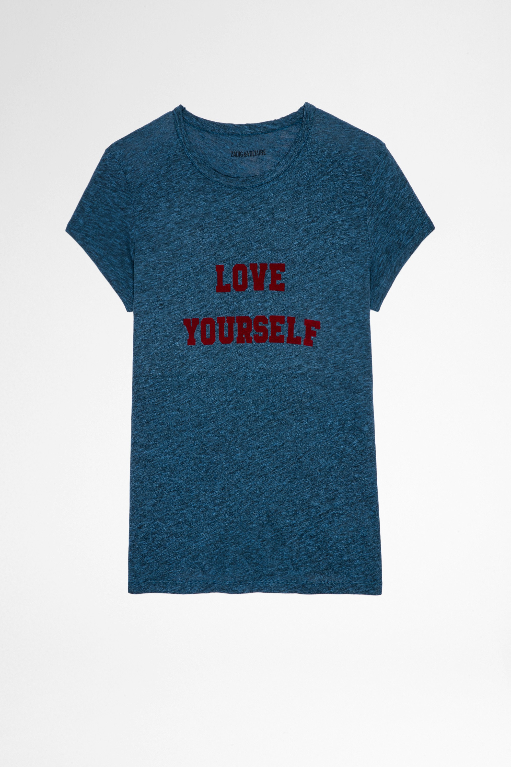Camiseta jaspeada Walk Love Yourself Camiseta azul de algodón y viscosa con impresión Love Yourself para mujer