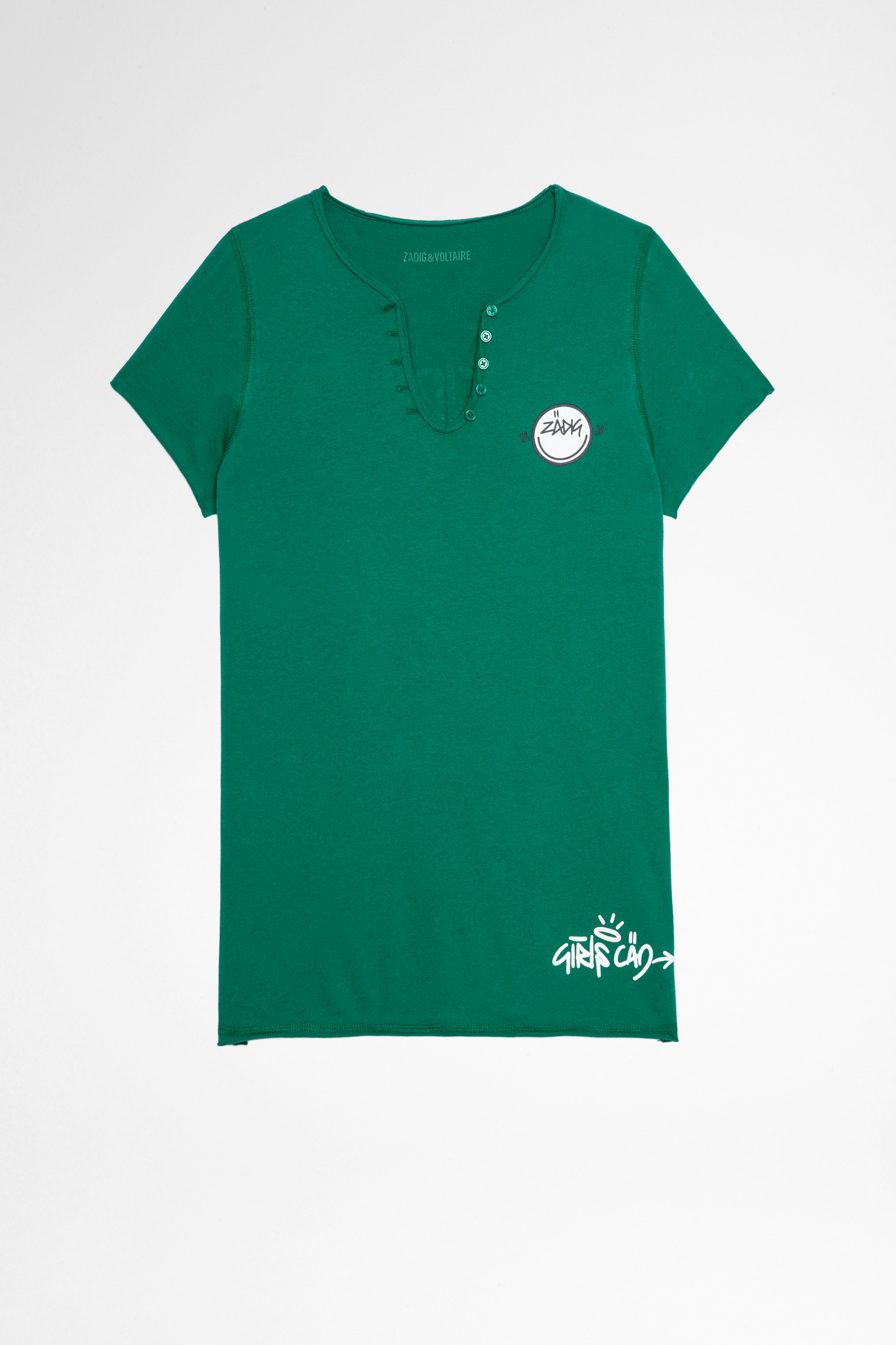 T-shirt tunisien Multicusto T-shirt in cotone verde con collo a serafino con stampa “Girls Can Do Anything”, donna. Questo prodotto é certificato GOTS e realizzato con fibre provenienti da agricoltura biologica