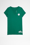 Multicusto Henley T-shirt - Girls can do anything women's green cotton Henley T-shirt. This product is GOTS certified and made with fibers from organic farming.