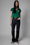 Multicusto Henley T-shirt - Girls can do anything women's green cotton Henley T-shirt. This product is GOTS certified and made with fibers from organic farming.