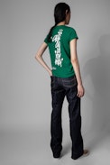 Multicusto Henley T-shirt - Girls can do anything women's green cotton Henley T-shirt. This product is GOTS certified and made with fibers from organic farming.