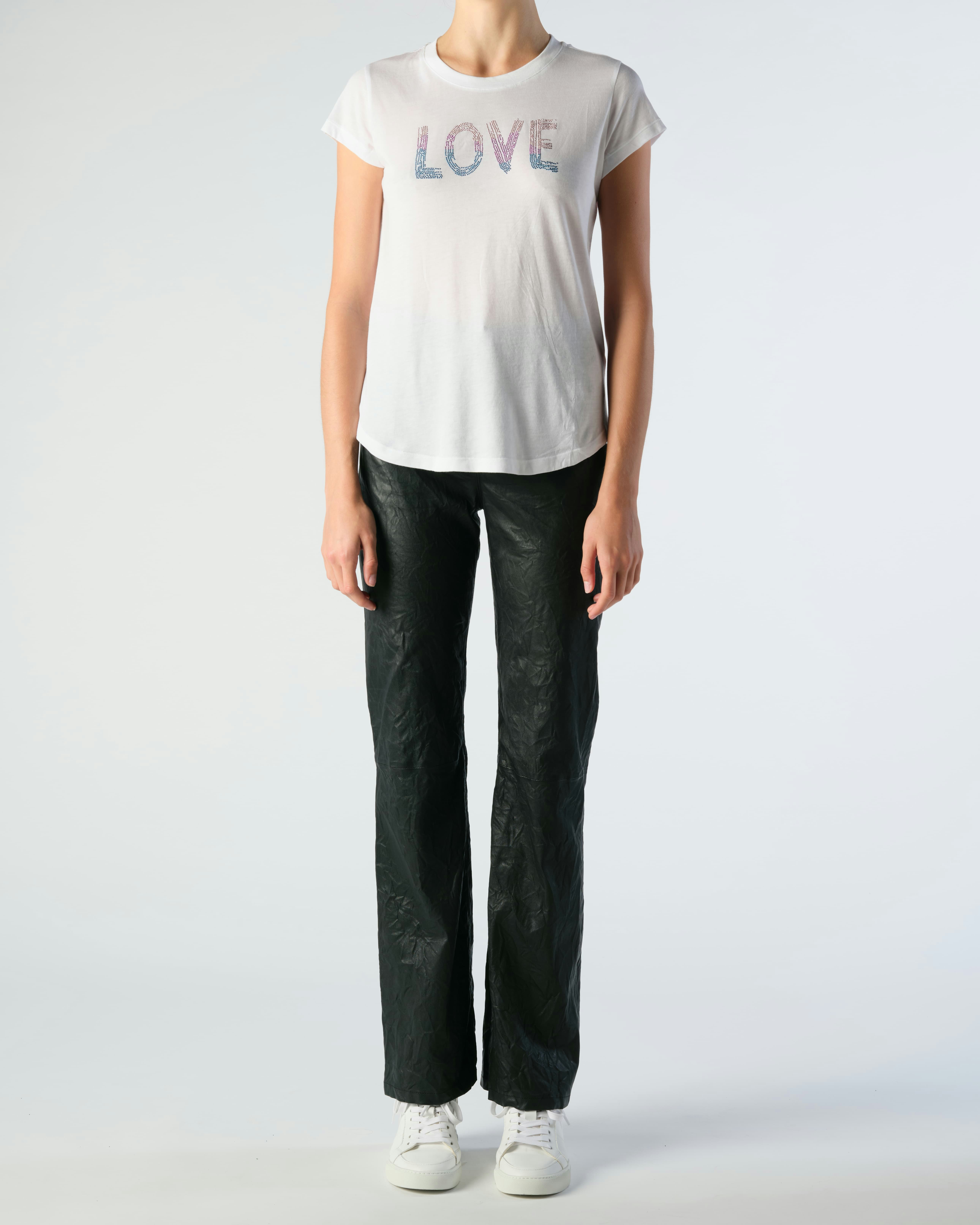 Woop Gradient Love Diamanté T-Shirt - Women's white t-shirt with gradient diamanté "LOVE" embellishment on front.