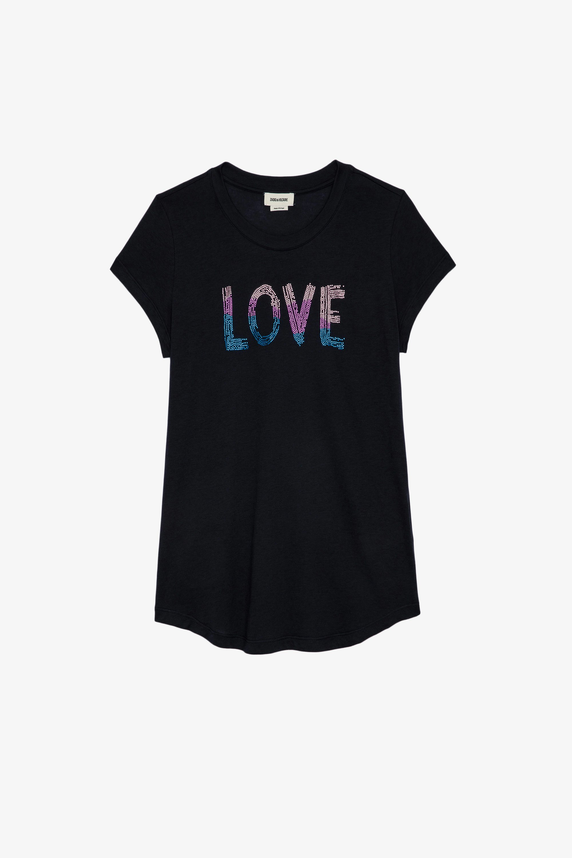 Woop Gradient Love Diamanté T-Shirt - Women's cotton t-shirt featuring a "Love" design on the front in colorful rhinestone details.