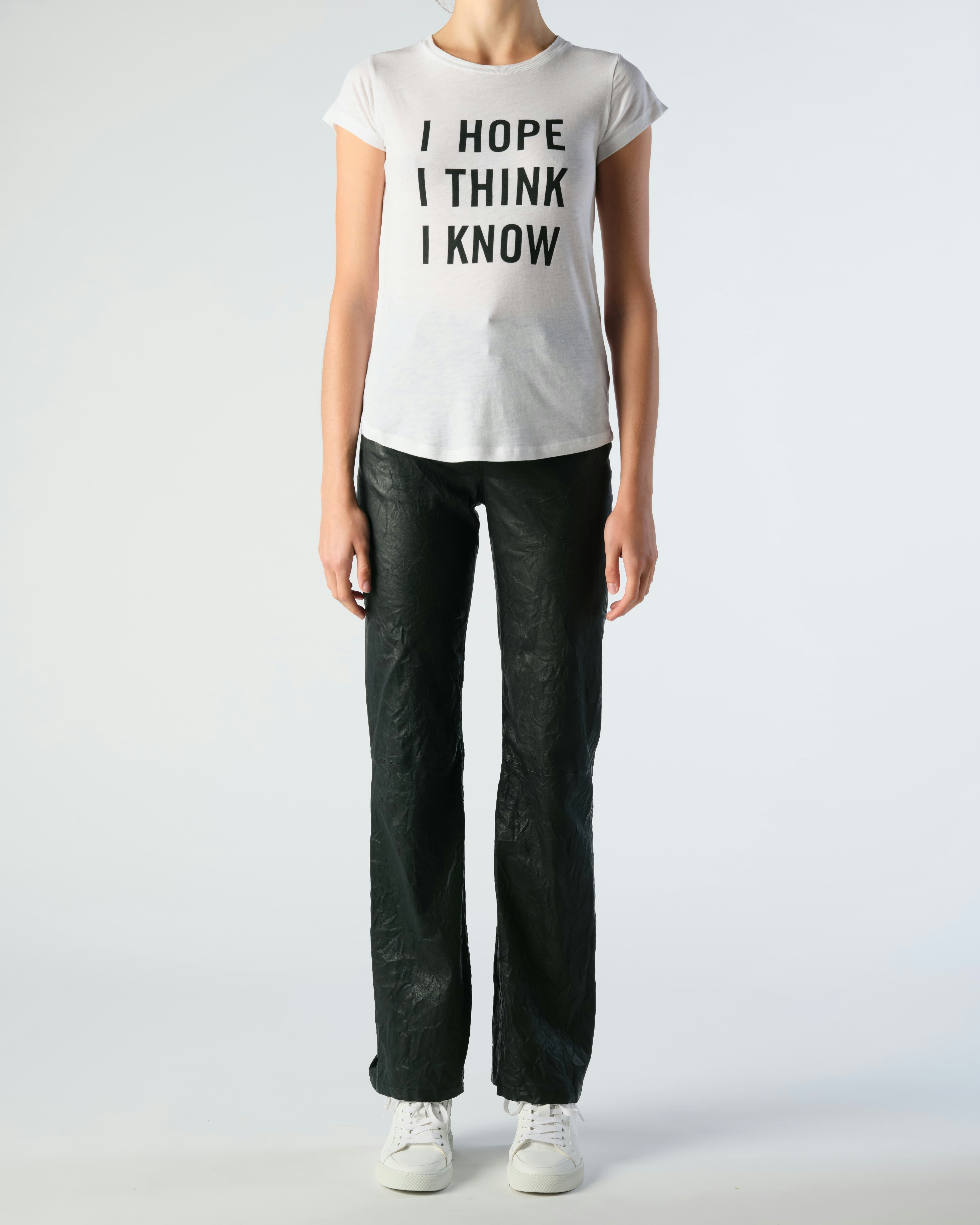 Skinny Hope T-Shirt - Women's white t-shirt with "I HOPE I THINK I KNOW" print on front.