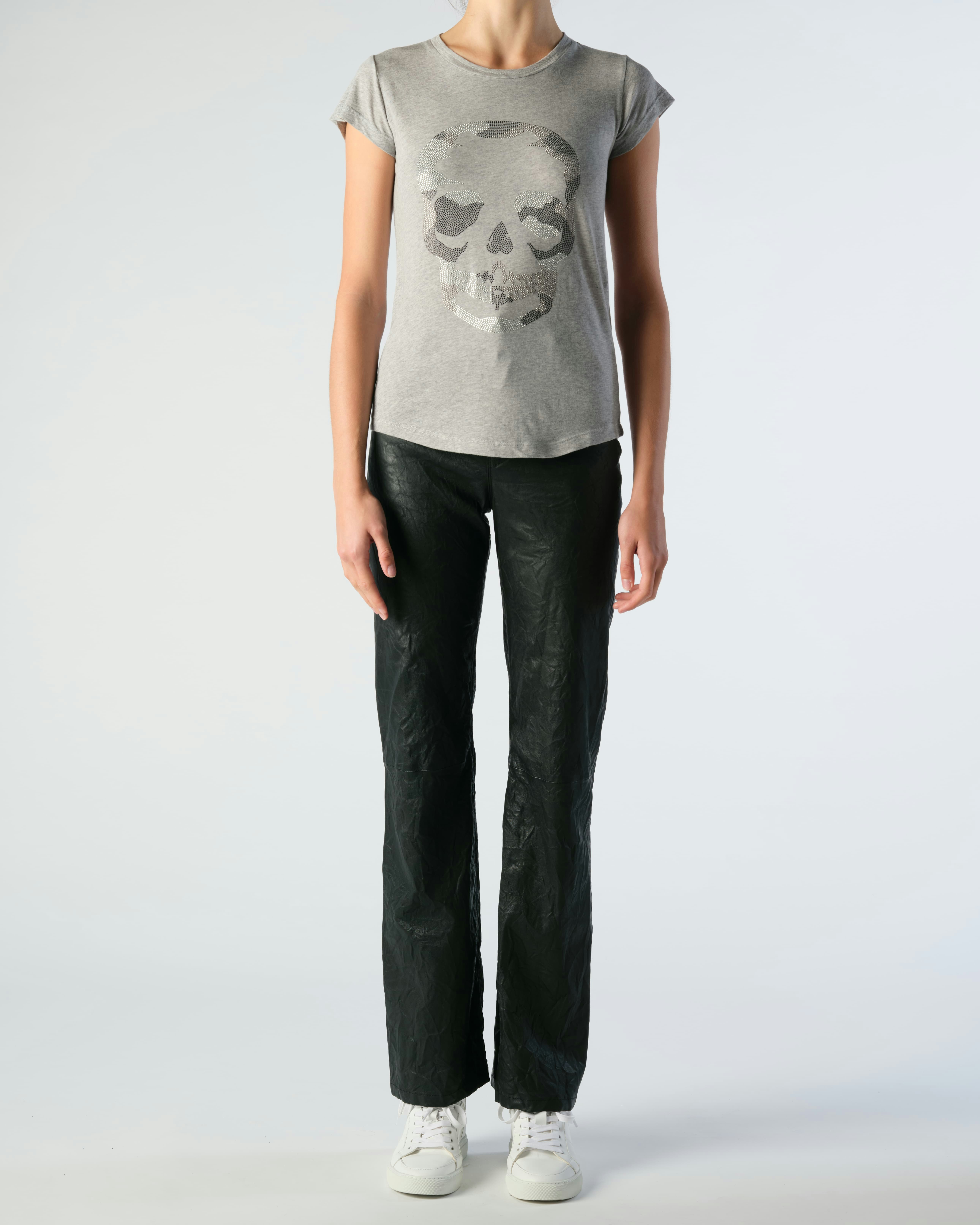 Skinny Skull Diamanté T-shirt - Women's grey t-shirt with diamanté camo skull on front.