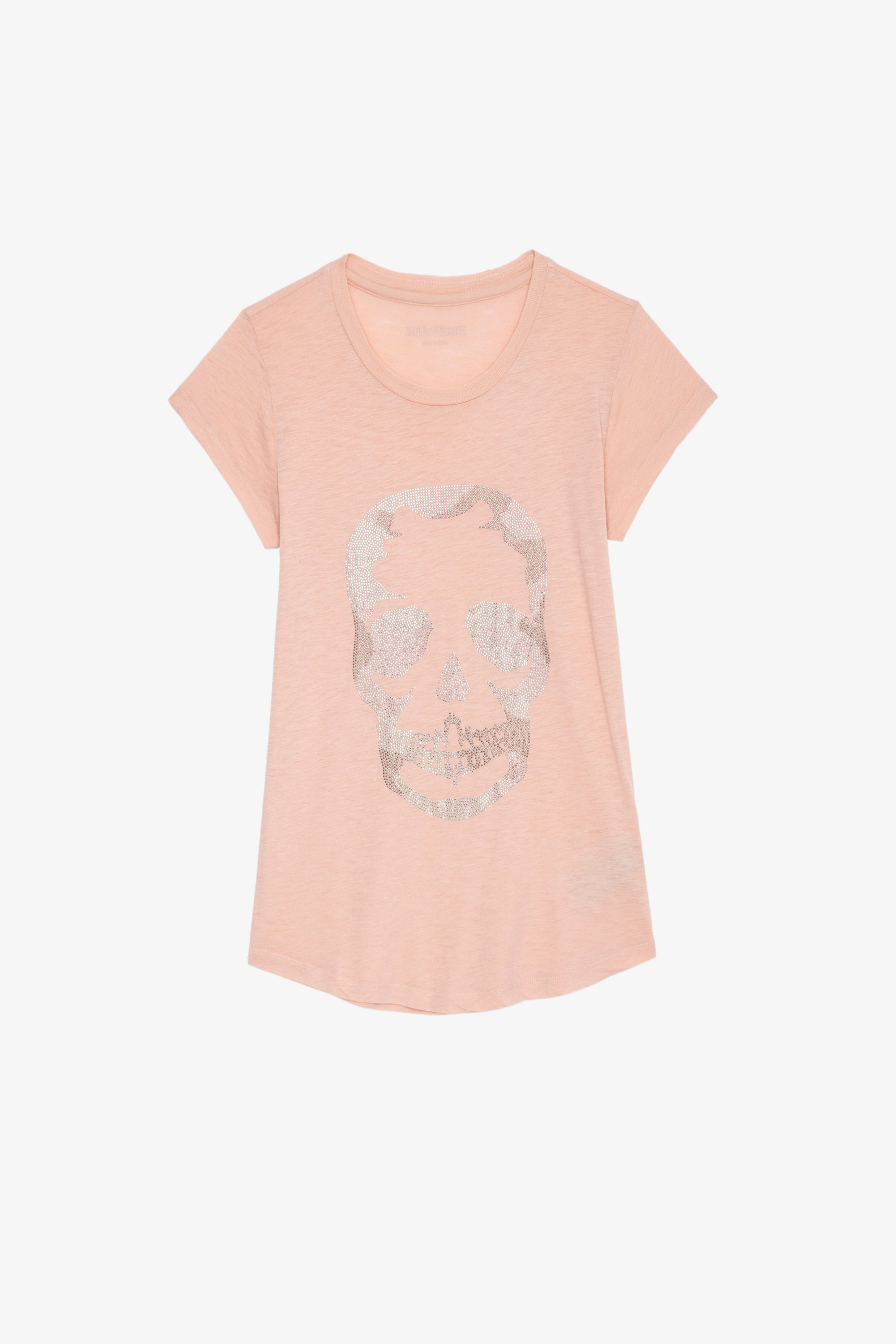 Skinny Skull Strass T-shirt - Women's light pink short sleeved t-shirt with rhinestone skull on front.