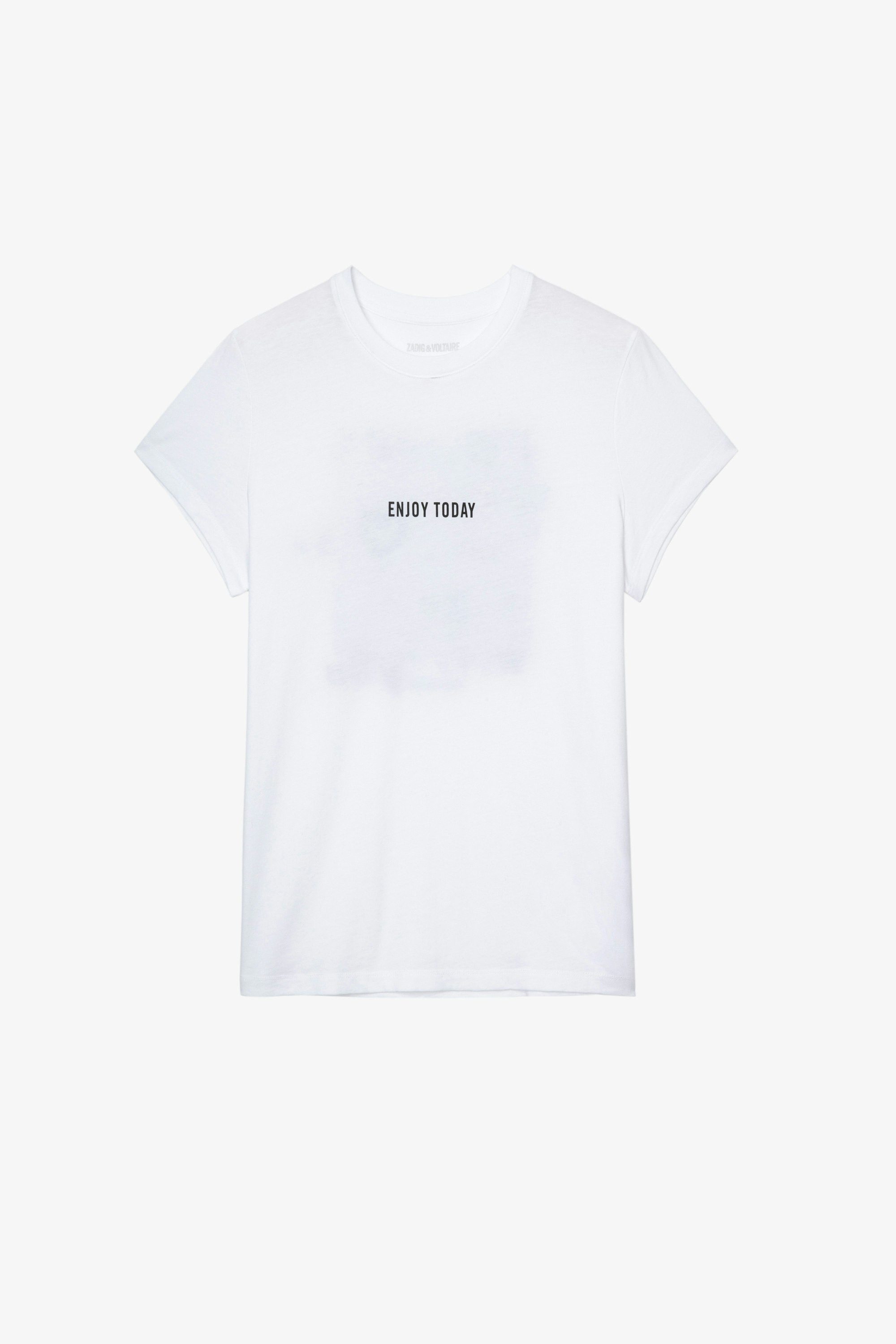 Zoe Photoprint Ｔシャツ Women’s white cotton T-shirt with “Enjoy today” slogan