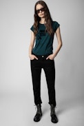 T-shirt Skinny L'amour c'est ça - T-shirt in cotone verde con scritta L'amour c'est ça donna