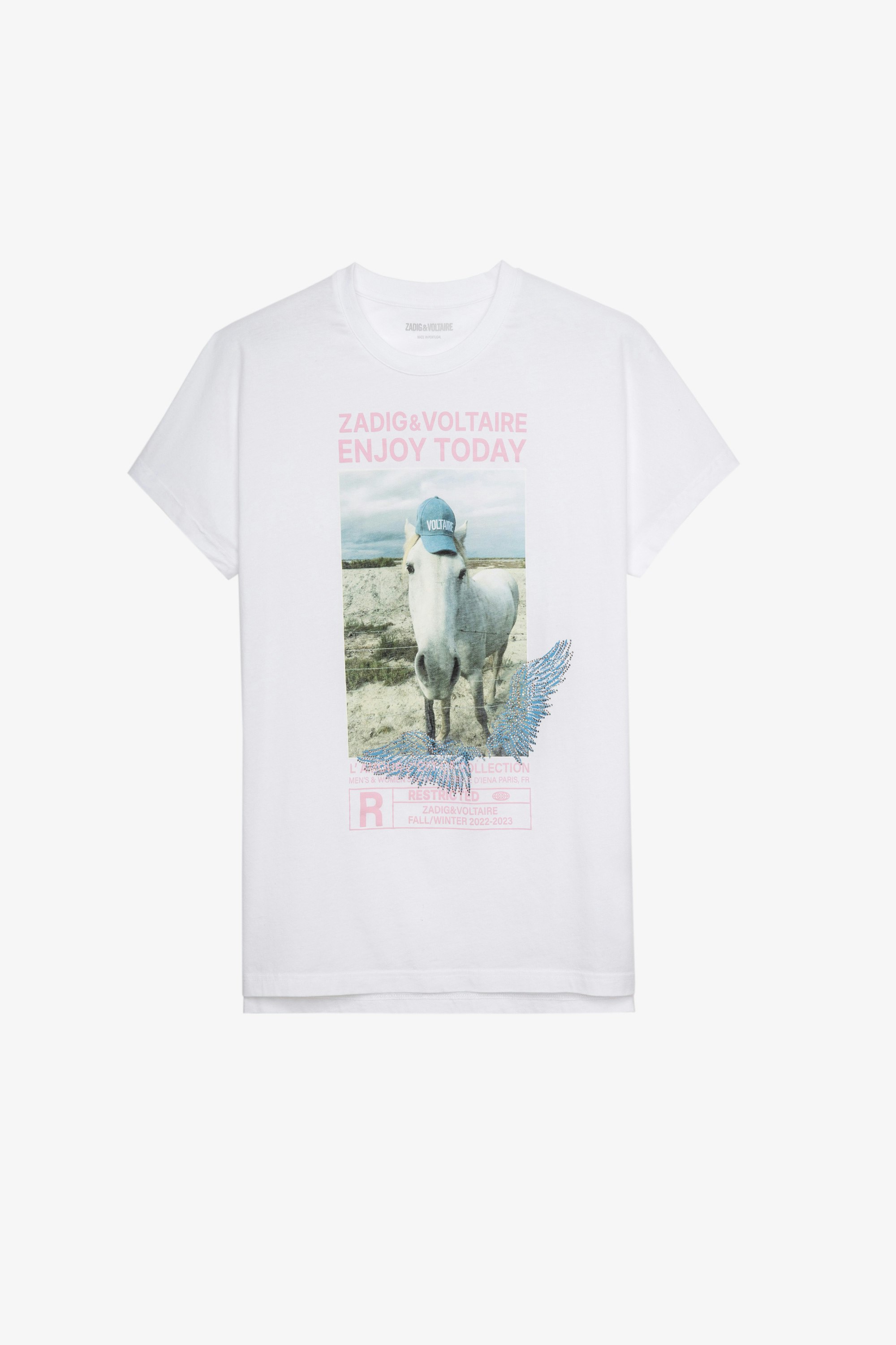 T-shirt Tom Compo con cavallo T-shirt in cotone bianco con stampa fotografica cavallo donna