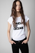 Camiseta Skinny L'amour Est Déclaré - Camiseta de algodón blanco con flocado «L'amour Est Déclaré» para mujer