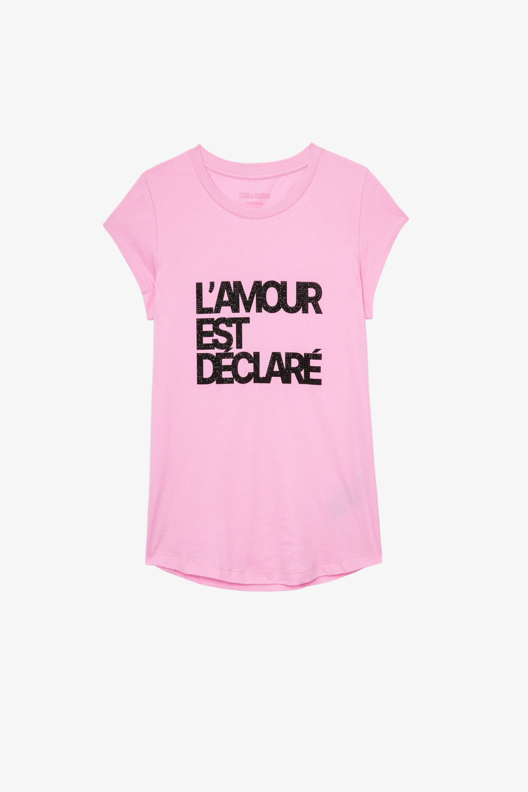 Skinny L'amour est déclaré T-shirt Women’s pink cotton T-shirt with diamanté “Love is declared” appliqué