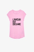 Skinny L'amour est déclaré T-shirt - Women’s pink cotton T-shirt with diamanté “Love is declared” appliqué
