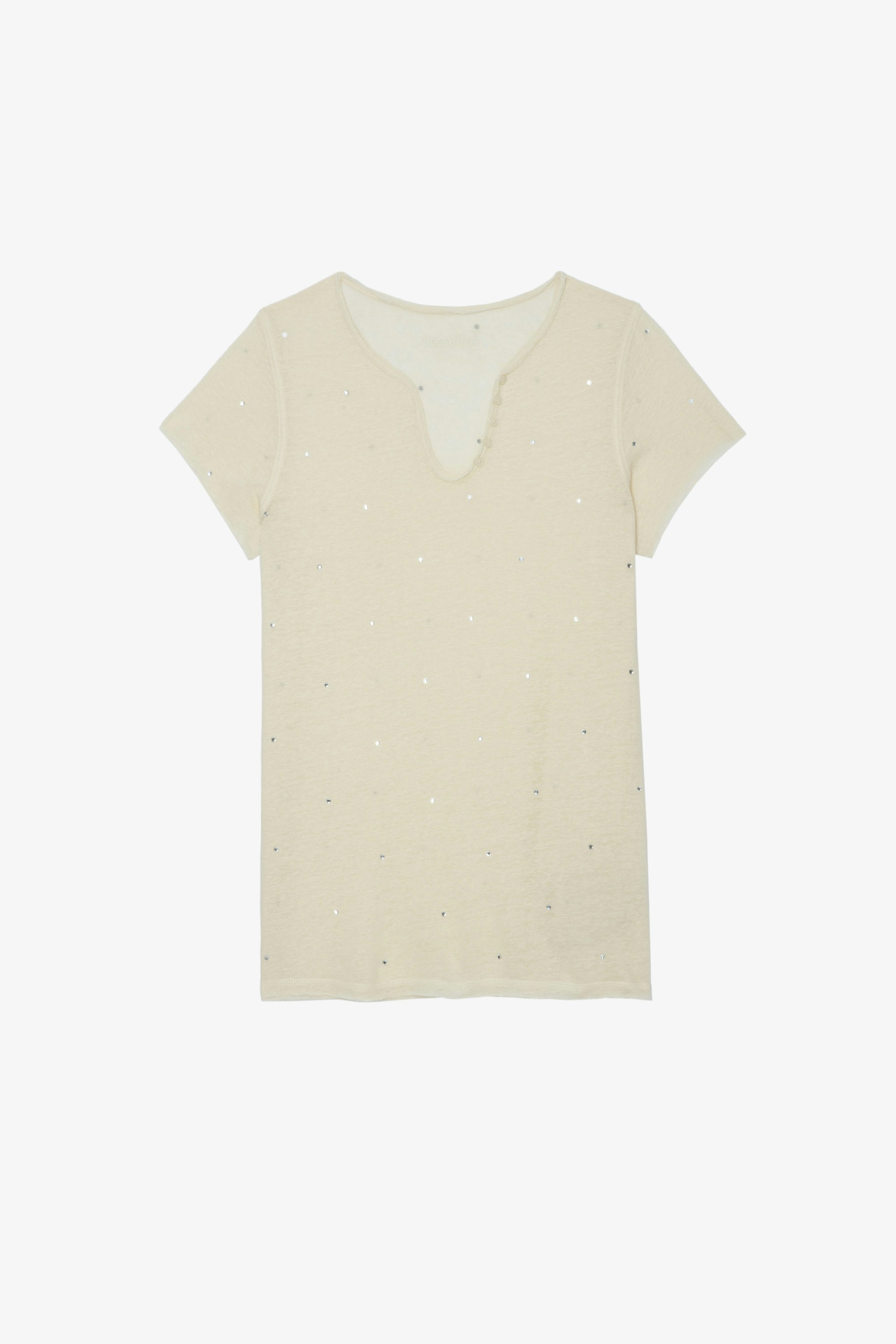 Tunisien Dots T-Shirt - Women's cotton t-shirt in cream with scattered rhinestones.