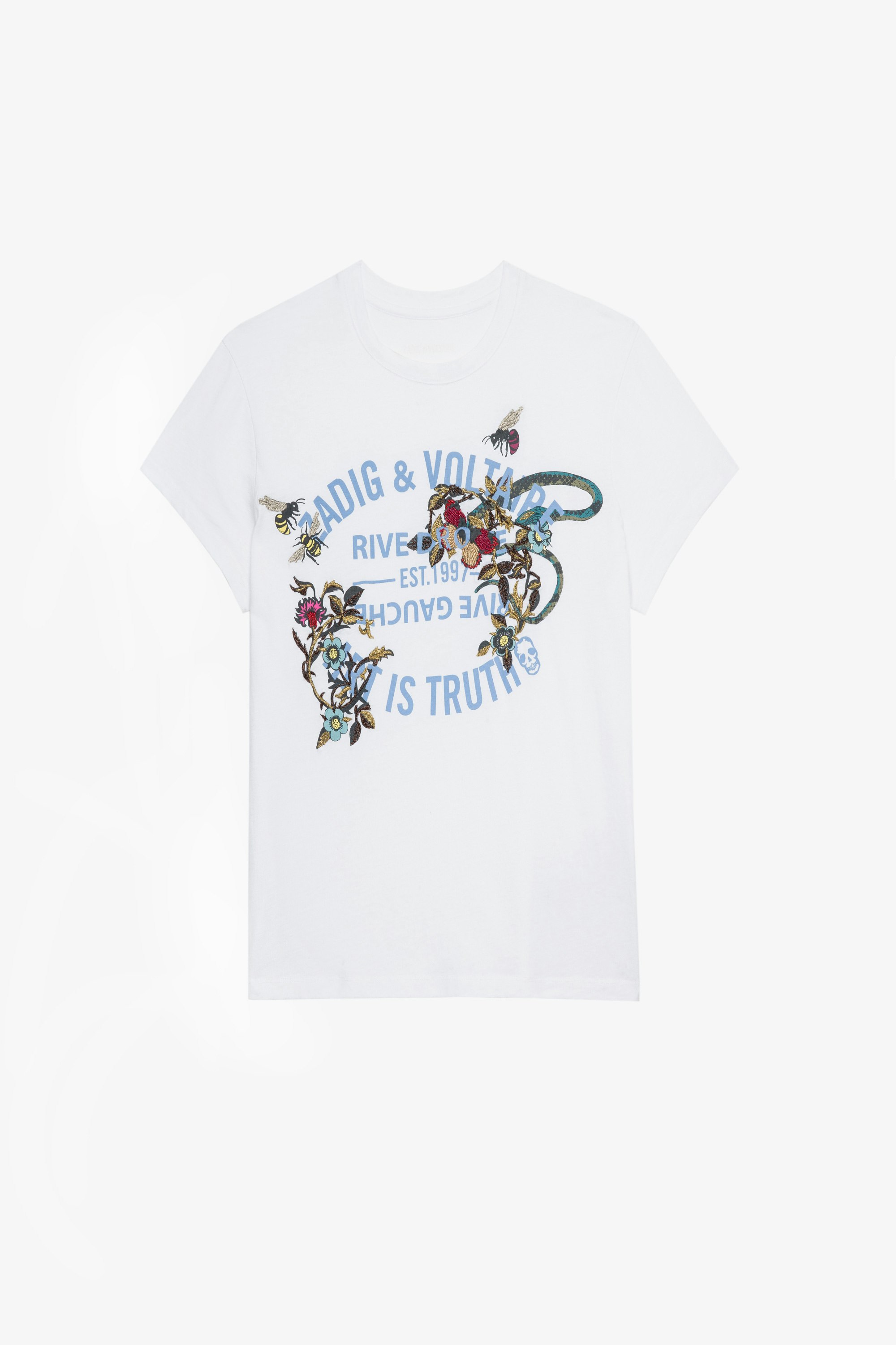 Camiseta Zoe Blason Flowers Camiseta de algodón blanco con motivos florales para mujer