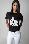 T-Shirt Zoe - Damen-T-Shirt aus schwarzer Baumwolle mit der Aufschrift „Je m'en fous“