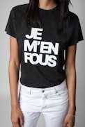 T-Shirt Zoe - Damen-T-Shirt aus schwarzer Baumwolle mit der Aufschrift „Je m'en fous“