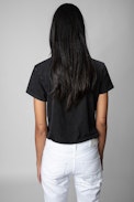 T-Shirt Zoe - Damen-T-Shirt aus schwarzer Baumwolle mit der Aufschrift „Je m'en fous“