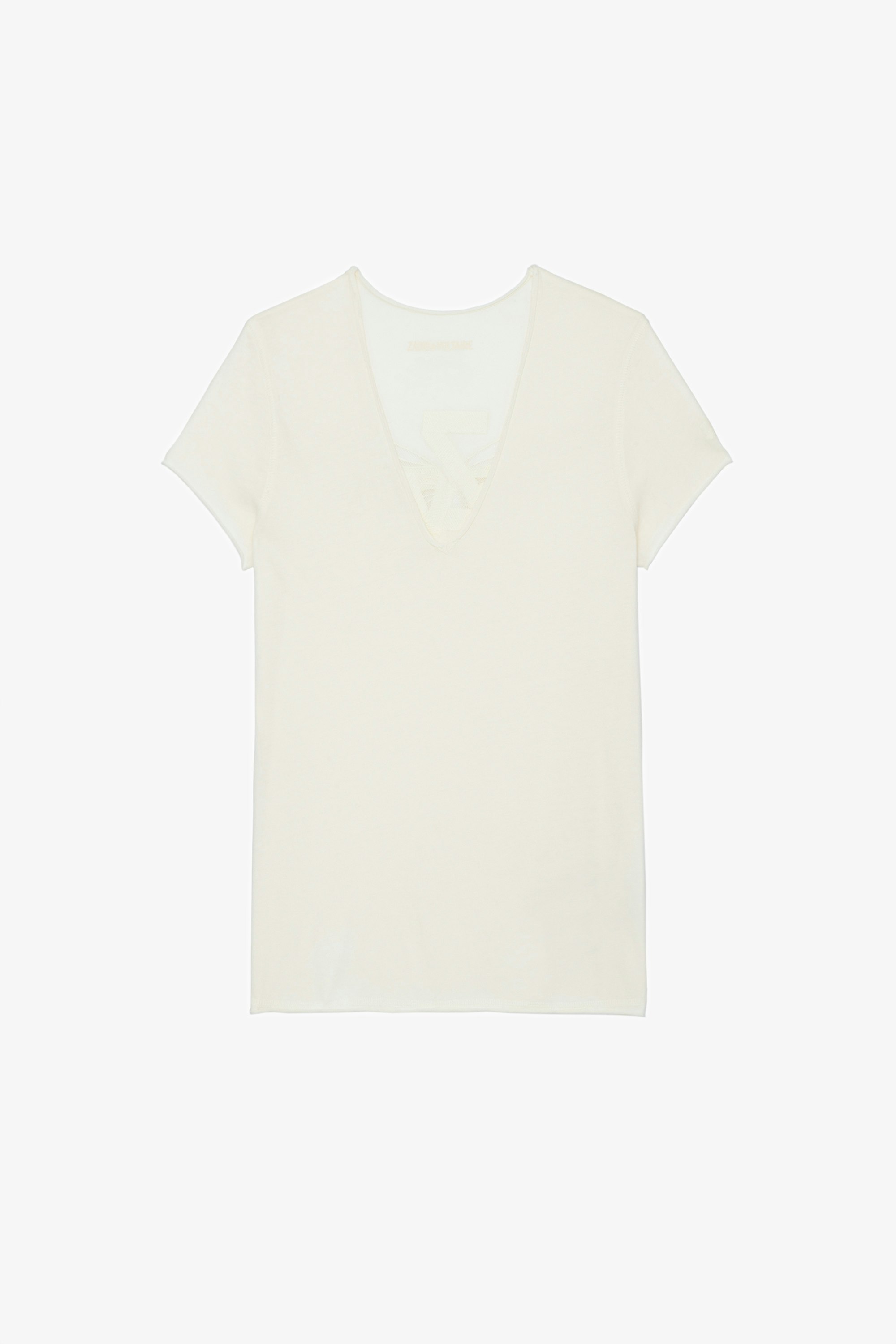 Story Fishnet ZV Wings Ｔシャツ Women’s beige short-sleeved T-shirt with ZV wings motif on the back