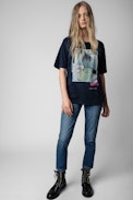 Bow Photoprint Diamanté T-Shirt - Women’s navy blue cotton T-shirt with photoprint and diamanté