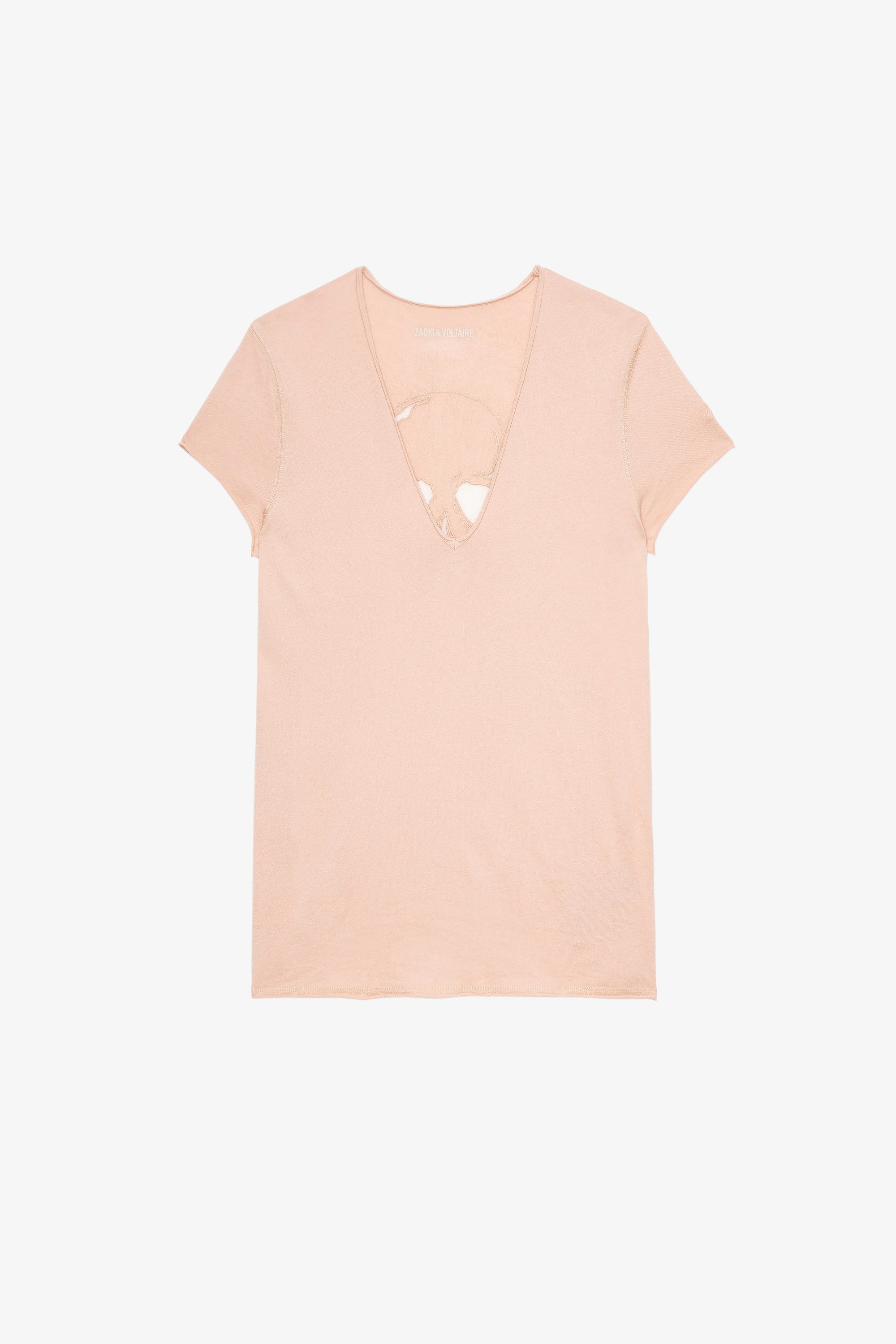 Camiseta Story Fishnet Skull Cross Camiseta de algodón rosa con bordado de calavera en la espalda para mujer