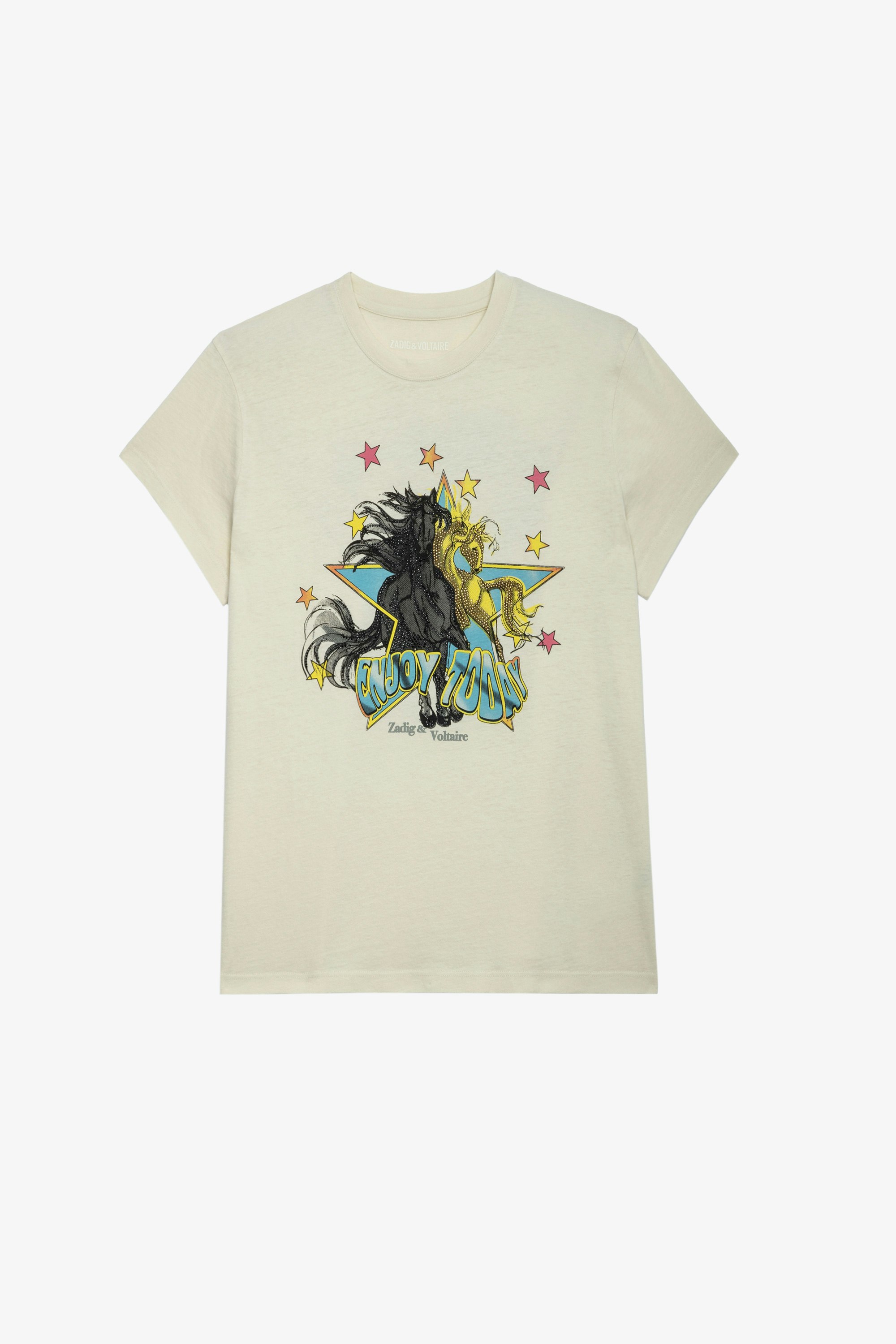 T-Shirt Zoe Horse Damen-T-Shirt aus ecrufarbener Baumwolle mit dem Aufdruck „Enjoy today“ und Pferd 