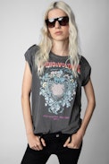 Camiseta Donate Skull - Camiseta de algodón gris antracita con motivos de corazones y calavera para mujer