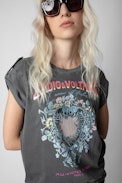 Camiseta Donate Skull - Camiseta de algodón gris antracita con motivos de corazones y calavera para mujer