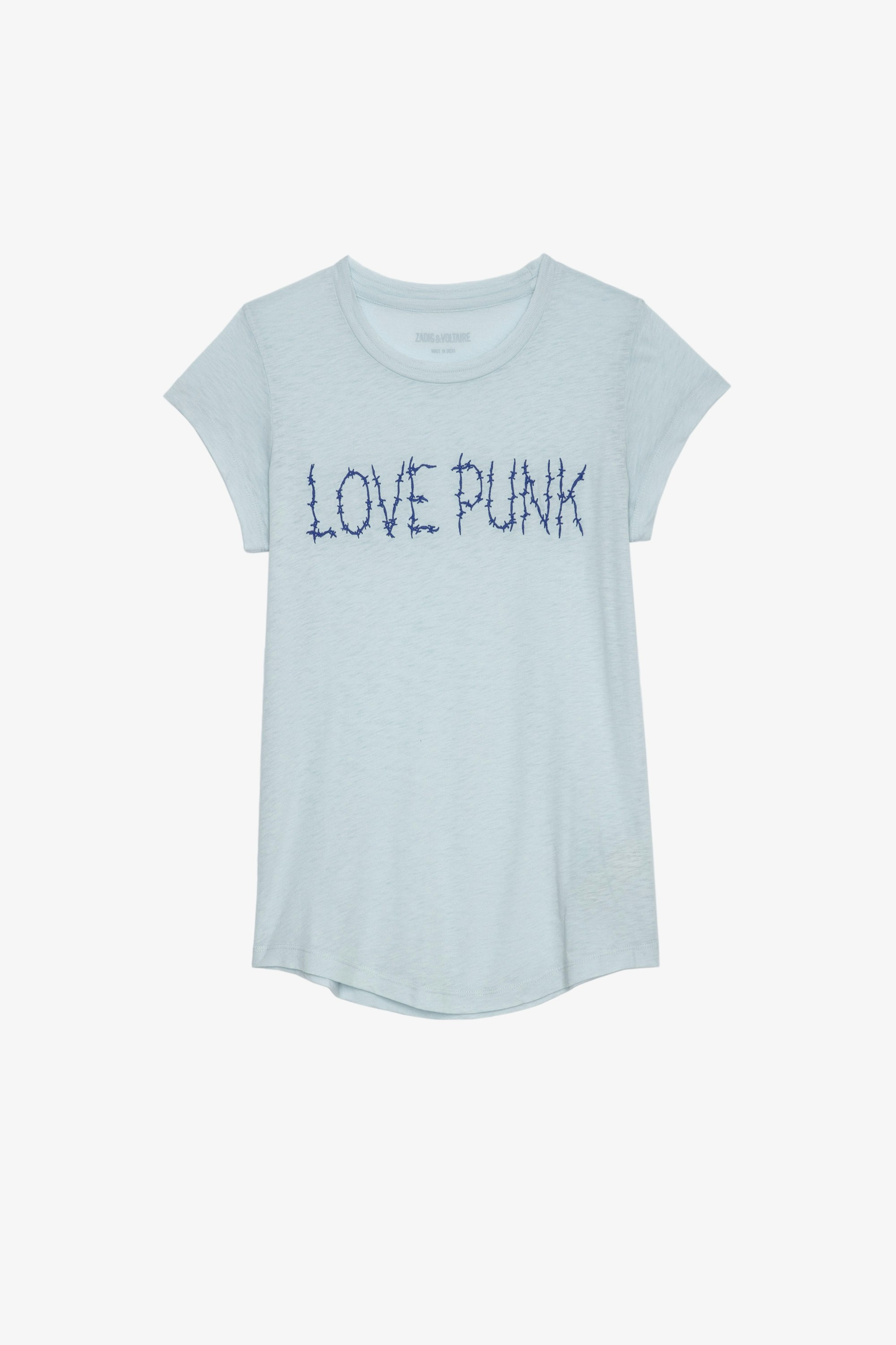 Skinny Love Punk T-Shirt - Women’s light blue cotton t-shirt with "Love Punk" slogan in a barbed wire design.