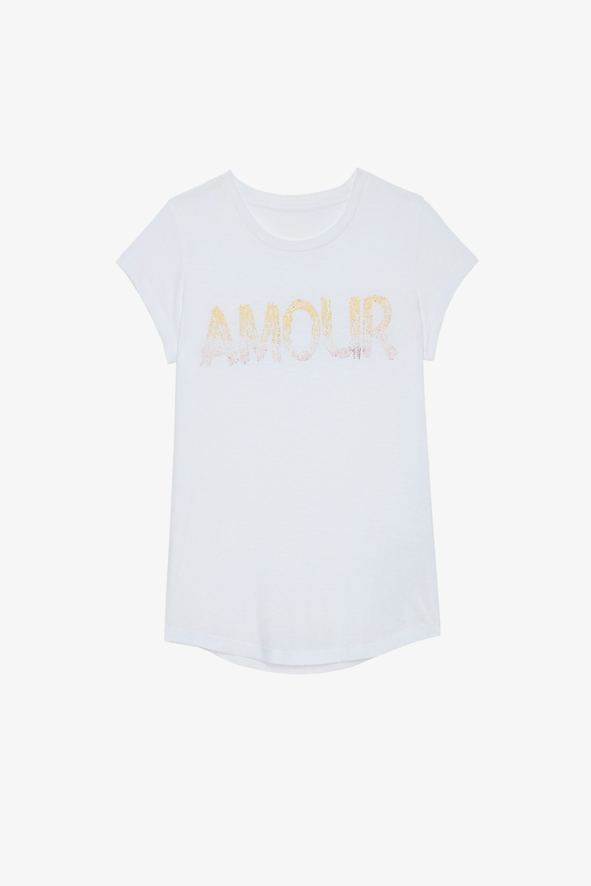 Skinny Amour Strass T-shirt - Women's white short sleeved t-shirt with rhinestone "AMOUR" on front.