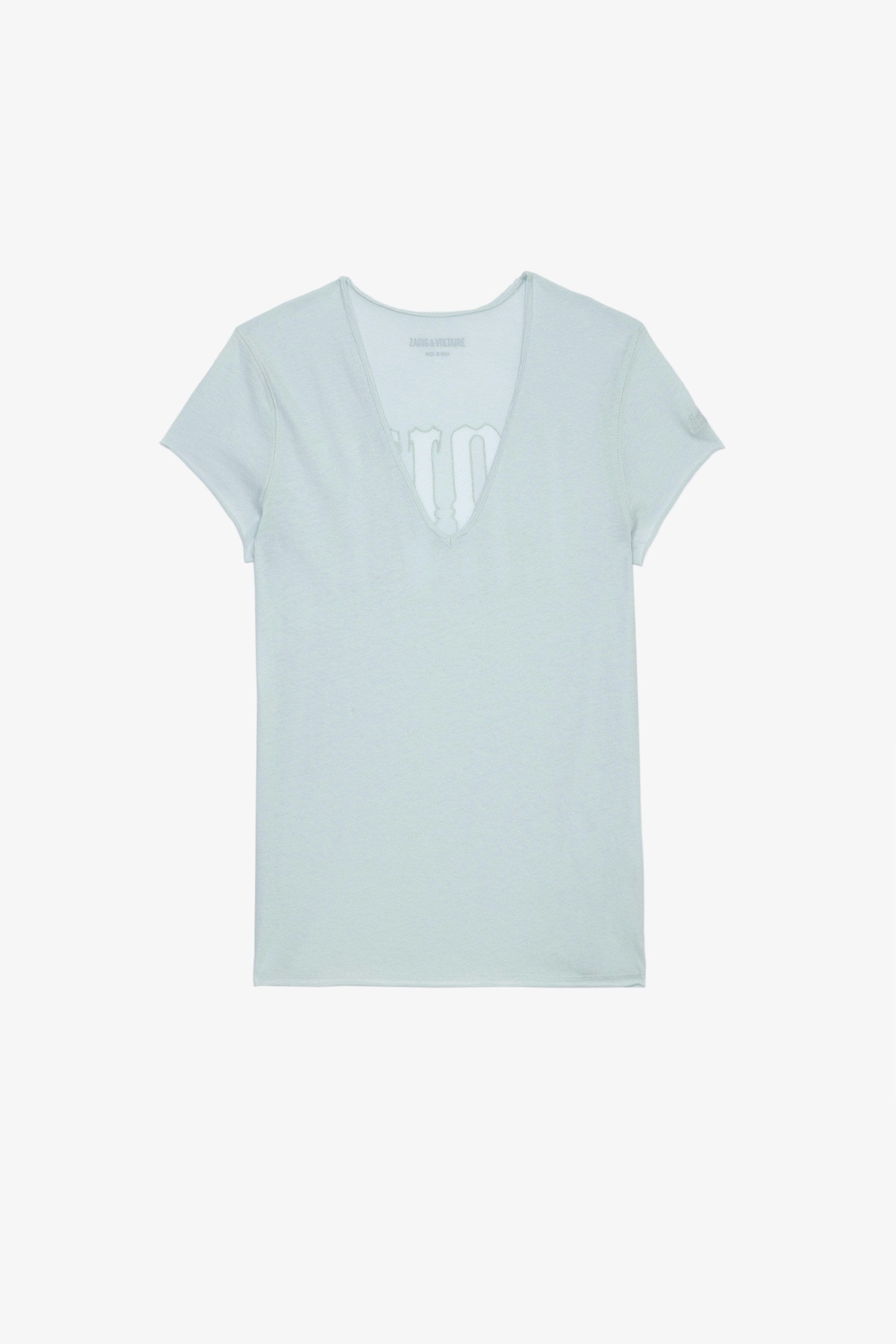 Story Love Fishnet T-shirt - Women's light blue short sleeved t-shirt with sheer arrow pattern on back.