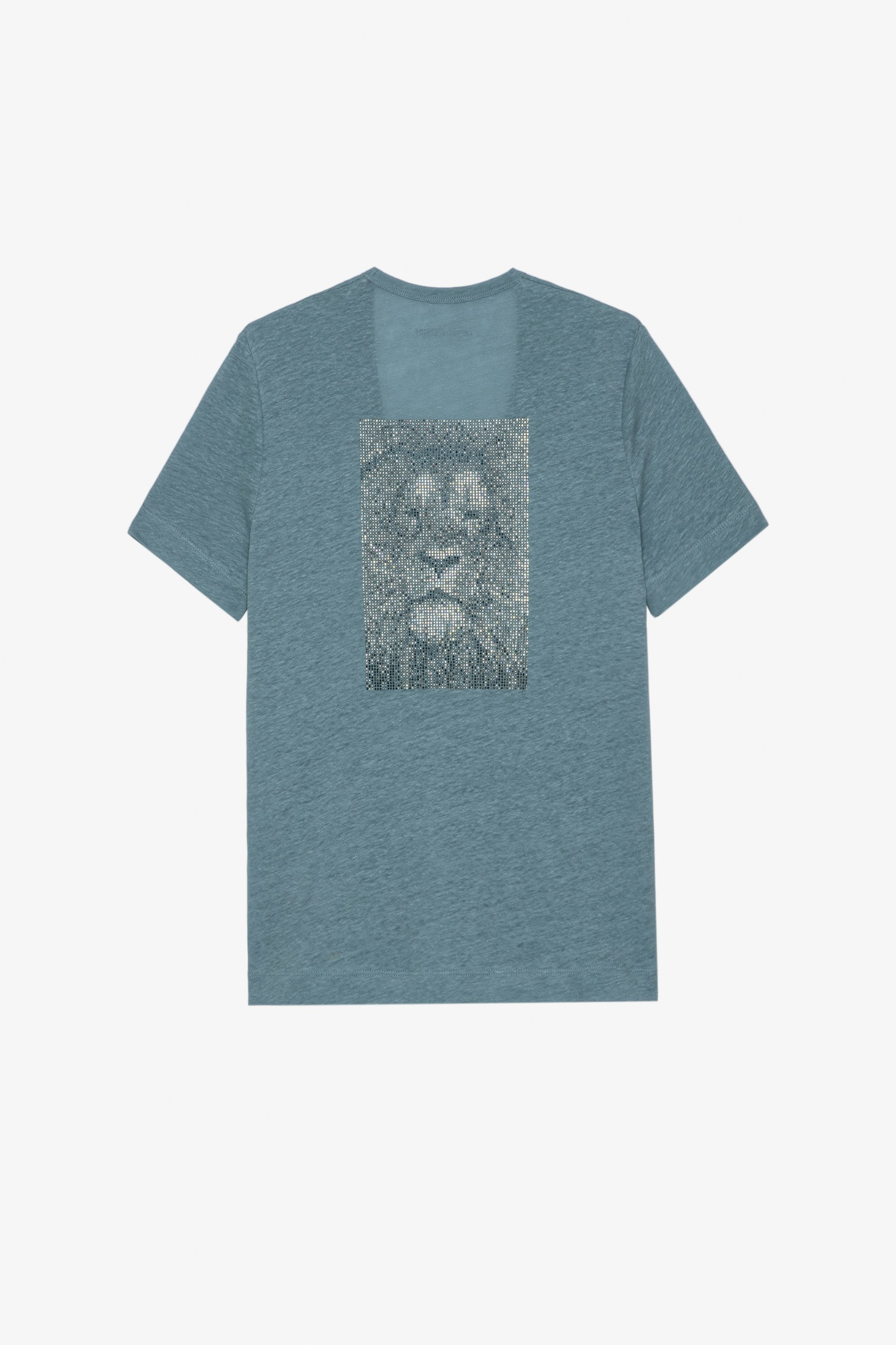 T-shirt Wassa in lino T-shirt in lino grigio con leone e cristalli sul retro - Donna