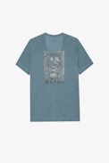 Wassa Linen T-shirt - Women's grey linen t-shirt with lion set in rhinestones on the back