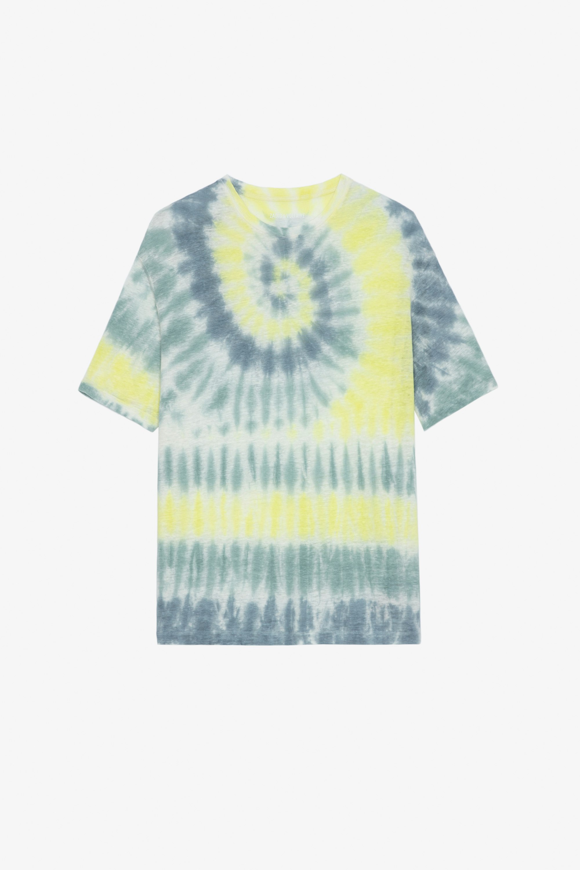 Suzy Linen T-Shirt Women's tie-dye blue and yellow linen t-shirt with wings on the back