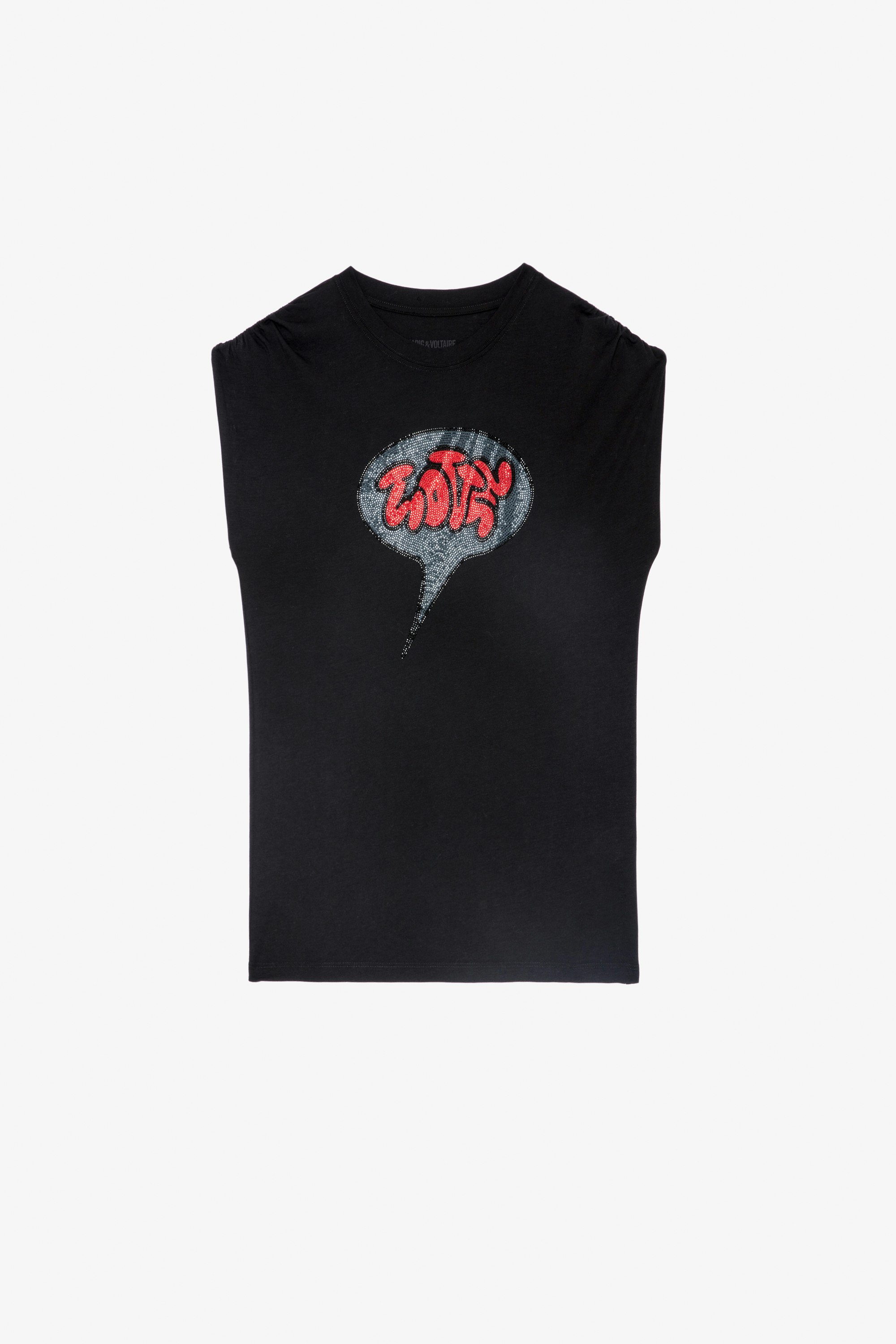 T-Shirt Adele Schwarzes Damen-T-Shirt mit gerafften, kurzen Ärmeln und einer kristallverzierten „Love“-Sprechblase