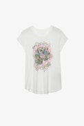 Woop T-shirt - Women’s ecru T-shirt embellished with skulls and flowers and with a round neck and short sleeves