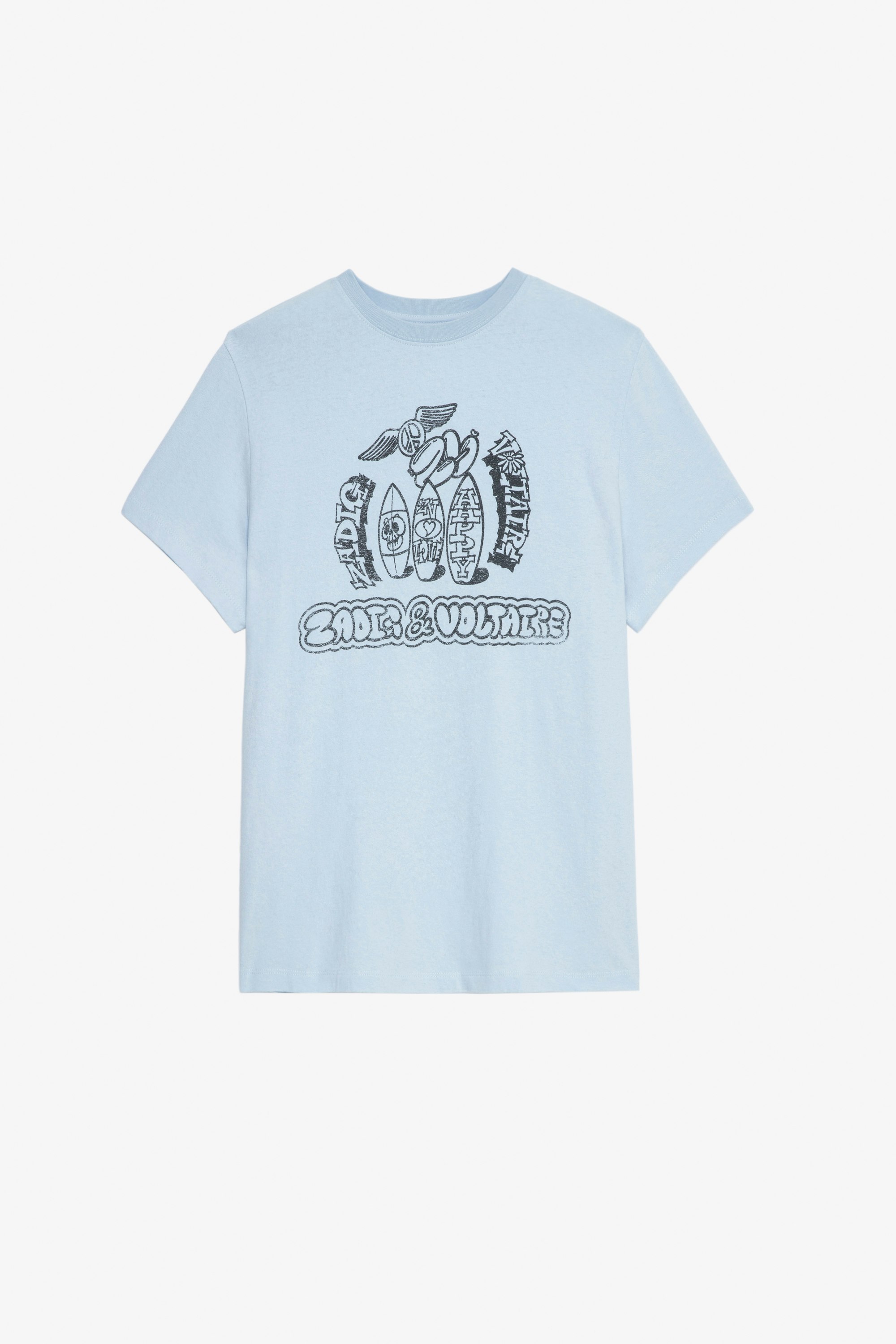 Omma T-Shirt Women’s sky-blue cotton T-shirt featuring a Core Cho print on the front and back