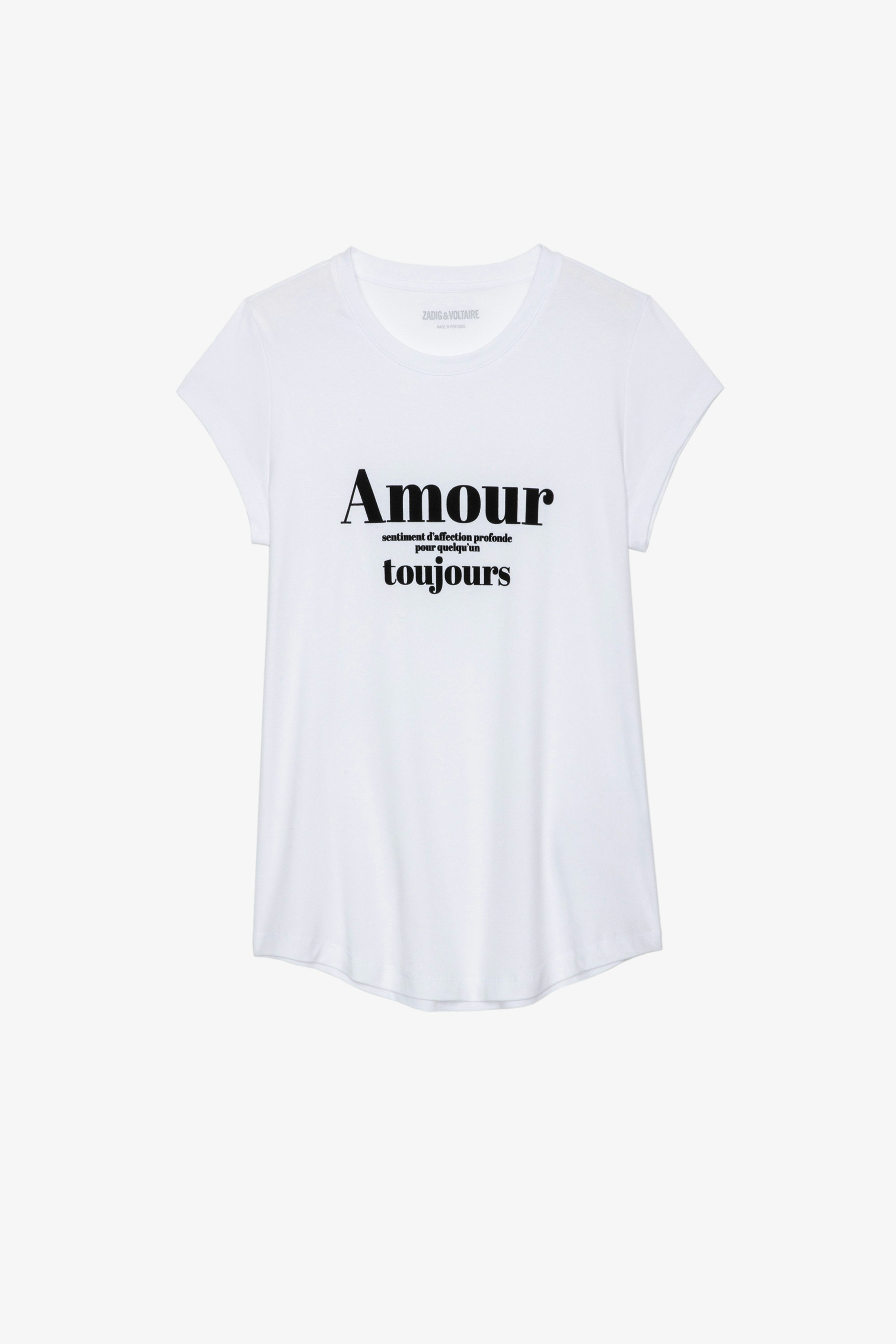 Camiseta Skinny Amour Toujours Camiseta de algodón blanco con estampado "Amour Toujours" en contraste para mujer