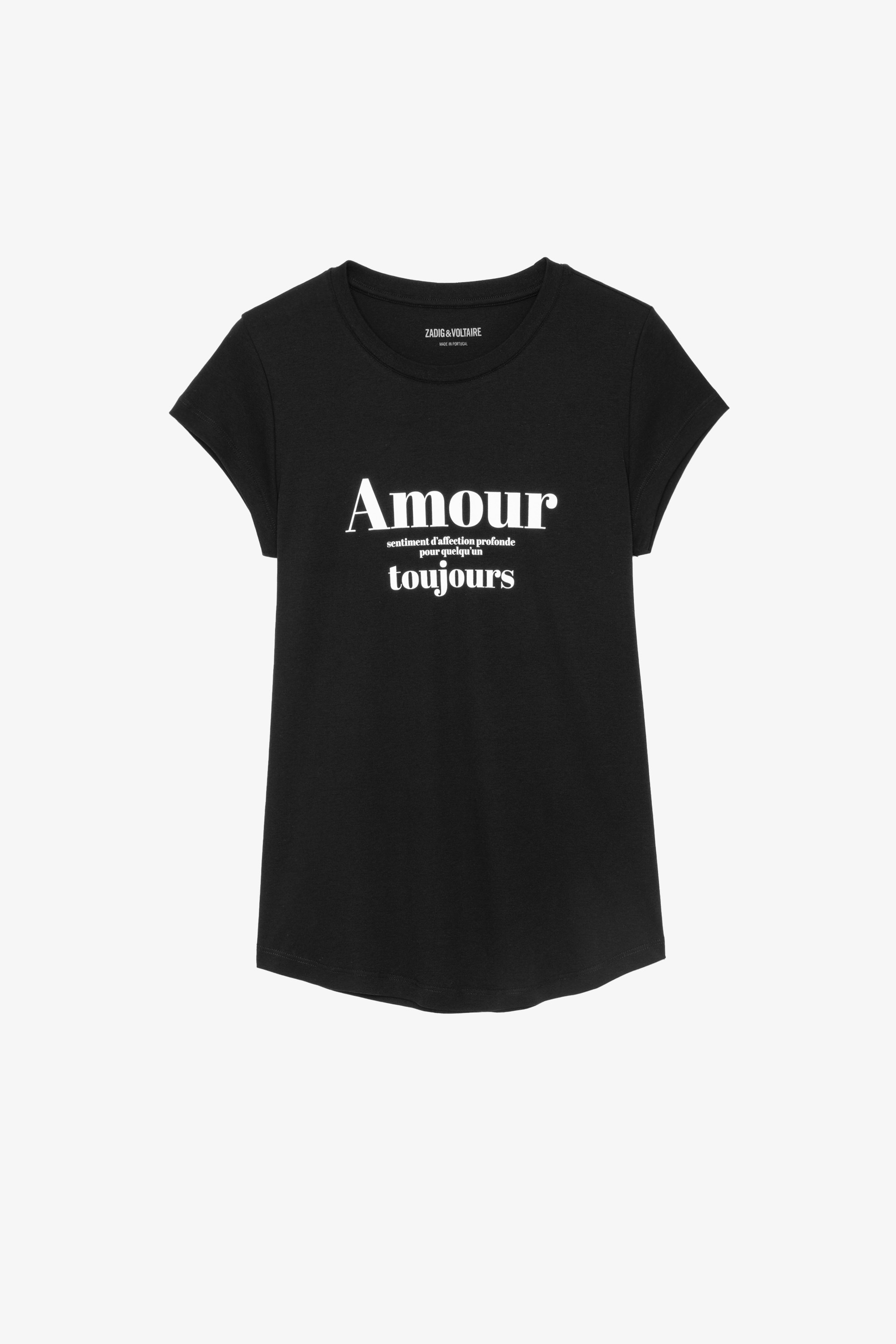 T-Shirt Skinny Amour Toujours Damen-T-Shirt aus schwarzer Baumwolle mit kontrastierendem Printmotiv „Amour Toujours“