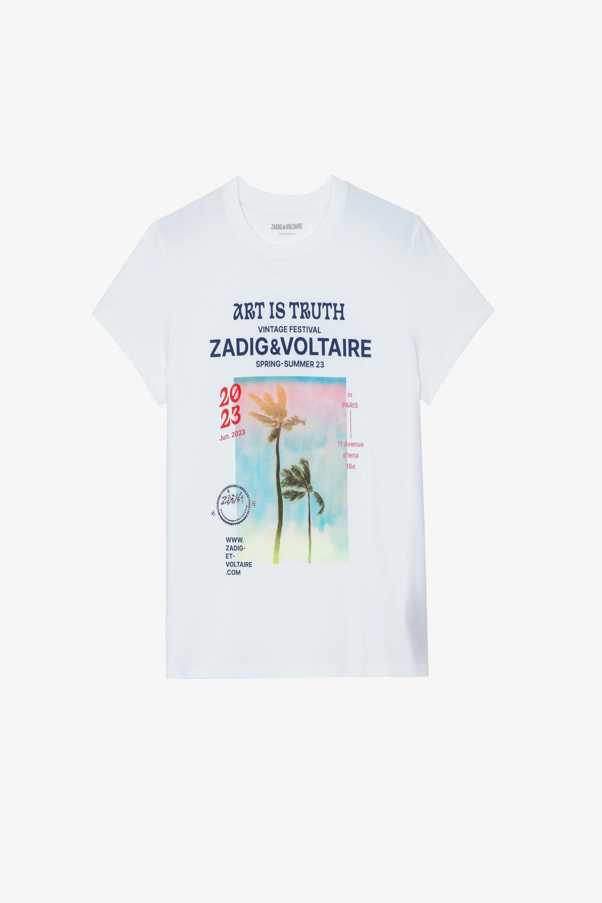 Zoe T-Shirt ホワイトコットンTシャツ フロントにパームツリーのフォトプリント レディース