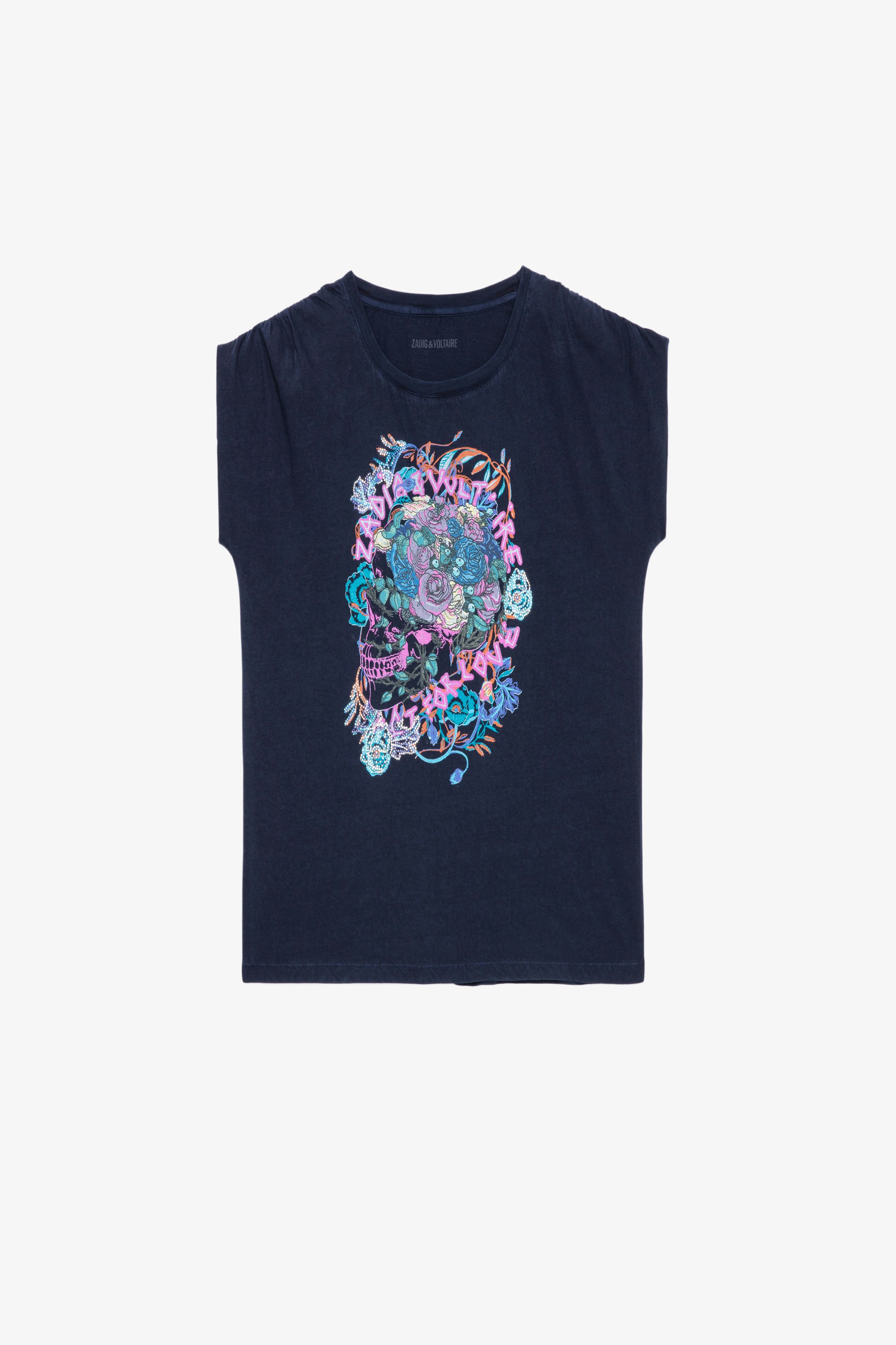 T-Shirt Adele Kurzarm-Damenshirt aus marineblauer Baumwolle mit Rundhalsausschnitt und Totenkopf-Print