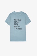 Bella T-shirt - Women’s sky-blue cotton T-shirt with rhinestone-studded “Girls can do anything” slogan