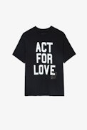 Brooxs T-shirt - Women's black cotton round-neck T-shirt with short sleeves and “Act for Love” slogan