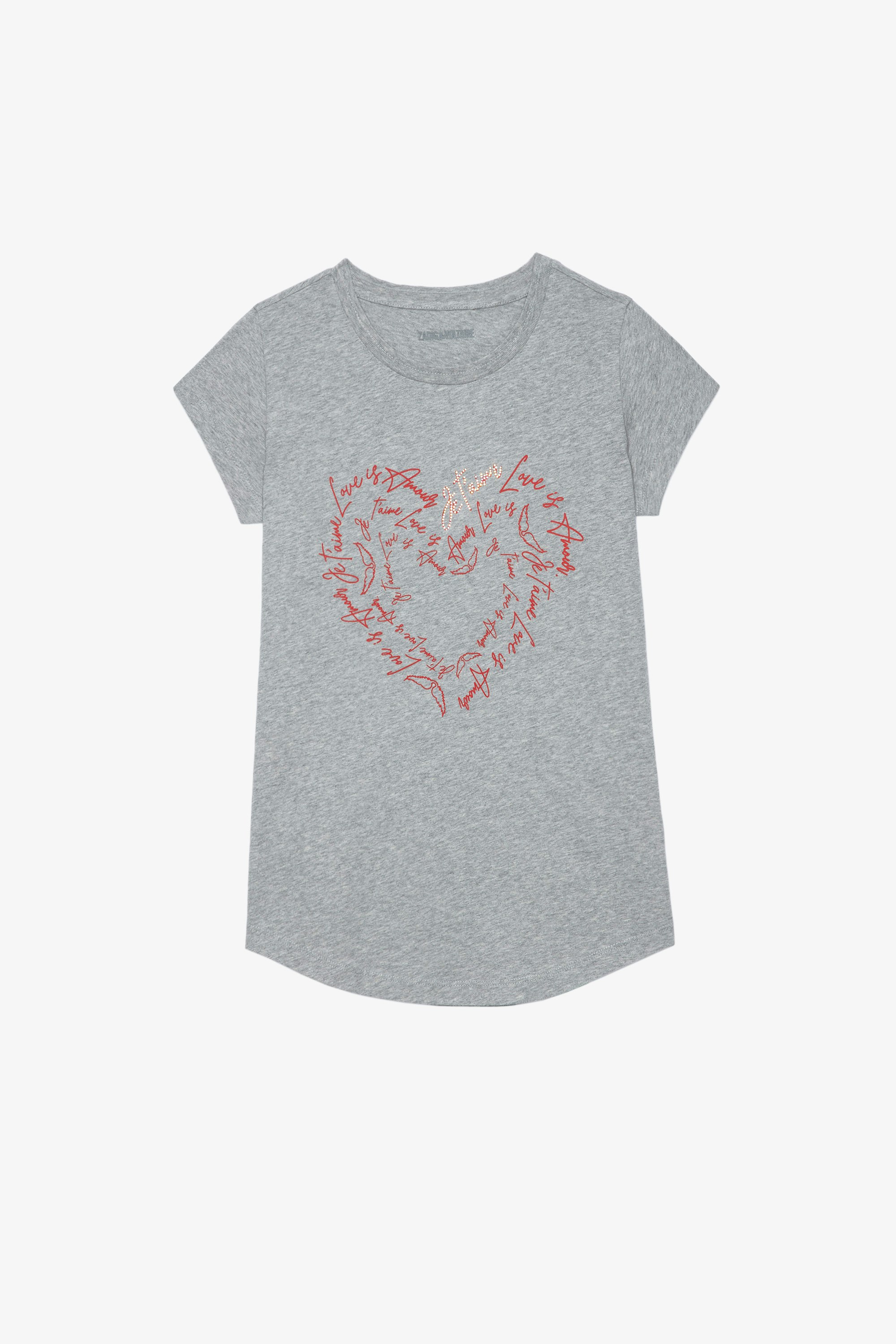 T-shirt Skinny Heart T-shirt in cotone grigio screziato con stampa a forma di cuore e cristalli, Donna