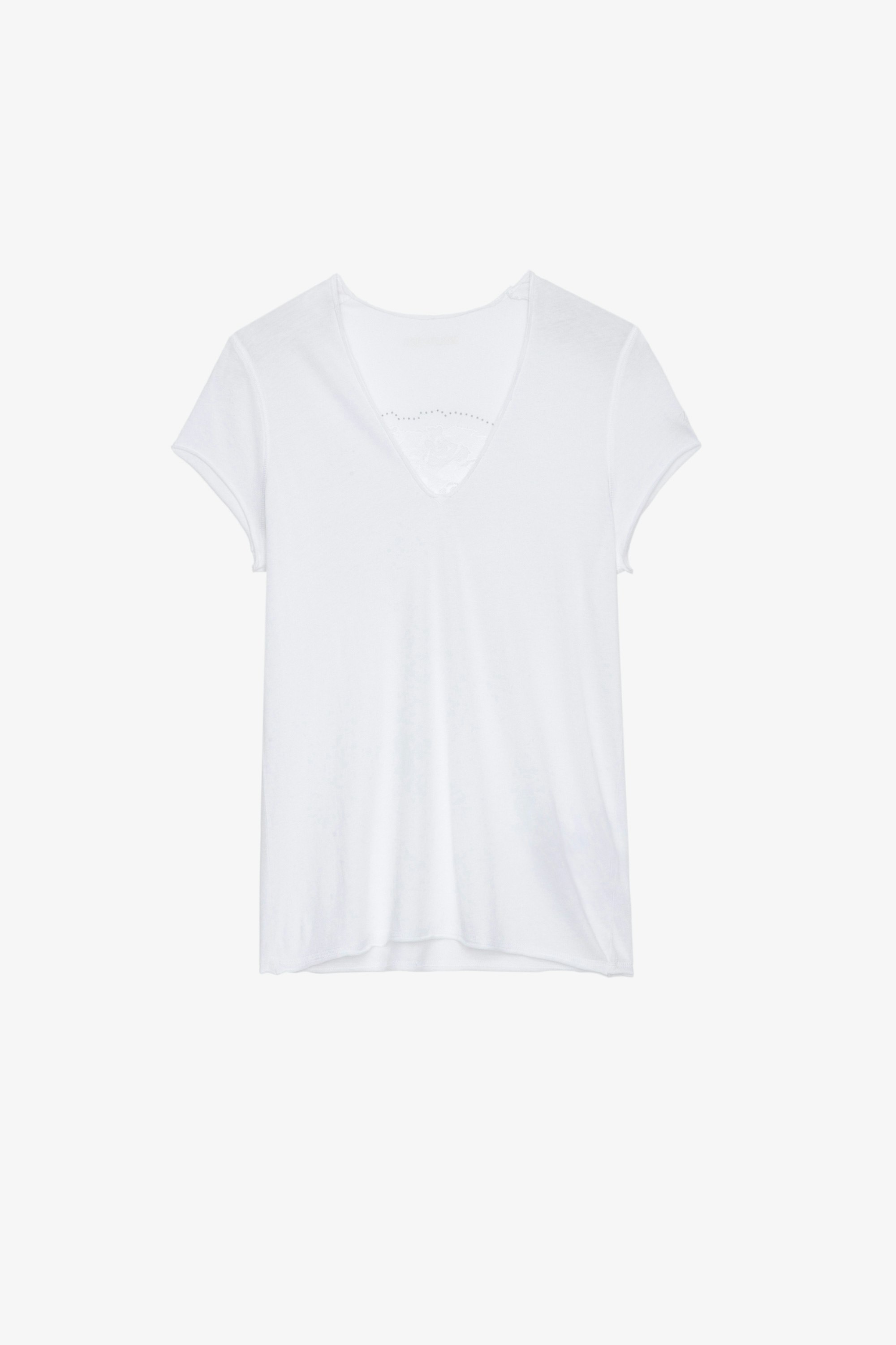 T-Shirt Story Fishnet Damen-T-Shirt aus weißer Baumwolle mit Totenkopf- und Blumenmotiv und Kristallen auf dem Rücken