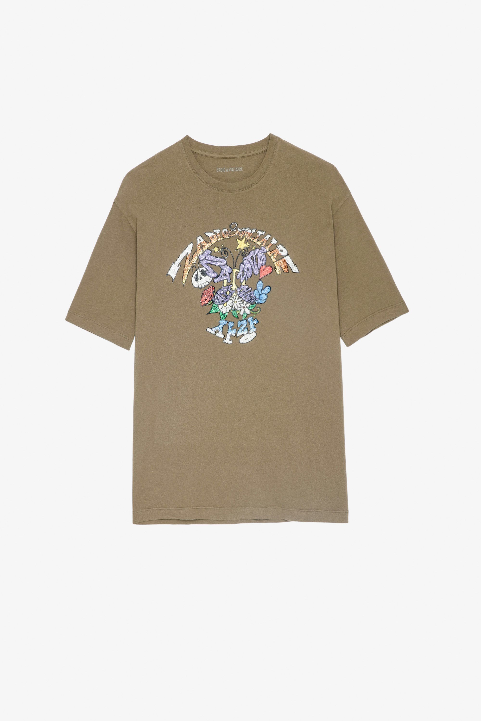 T-Shirt Suzy Damen-T-Shirt aus khakifarbener Baumwolle mit kristallverziertem Motiv von Core Cho