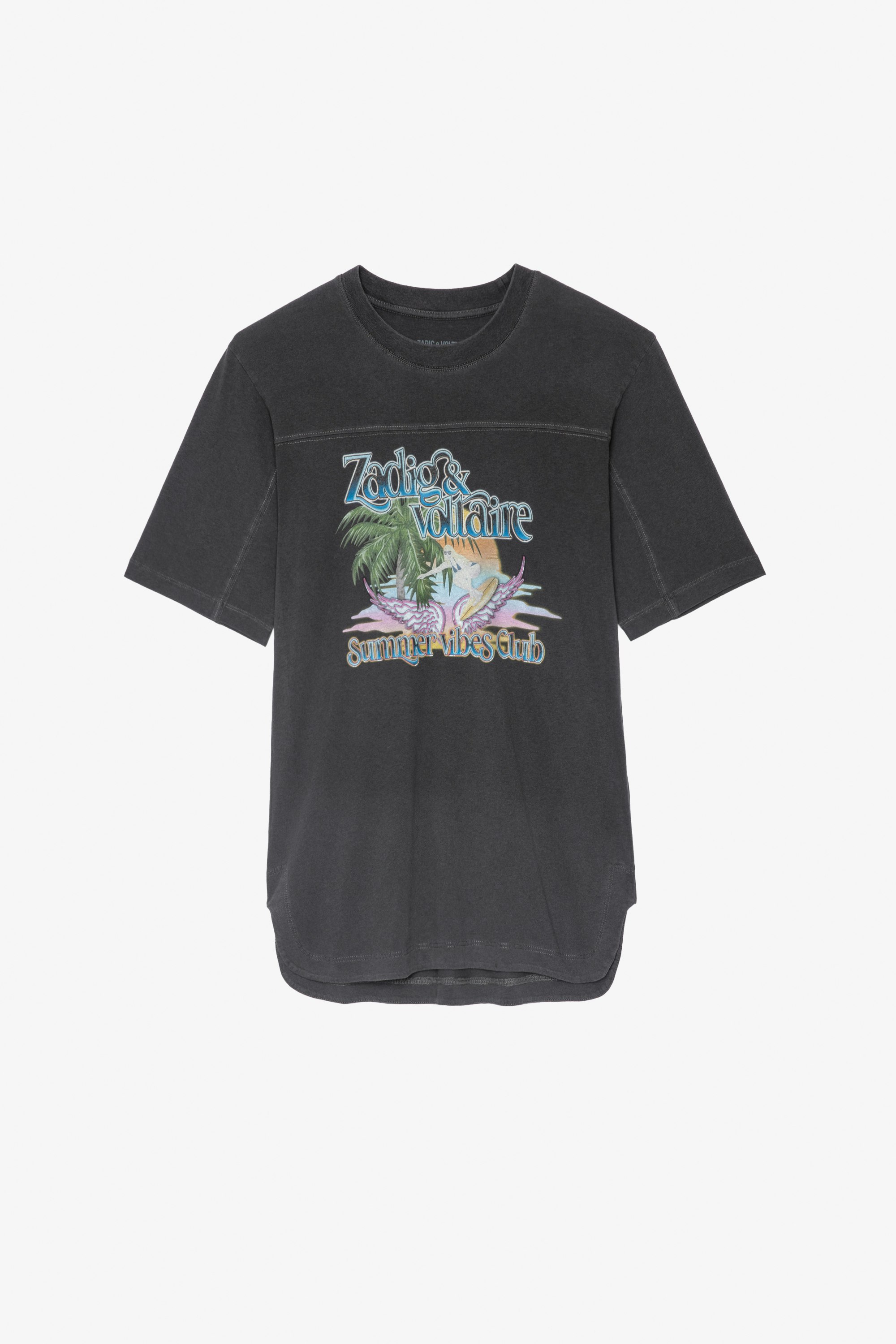 Camiseta Bow Camiseta gris de algodón para mujer con estampado «Summer Vibes»