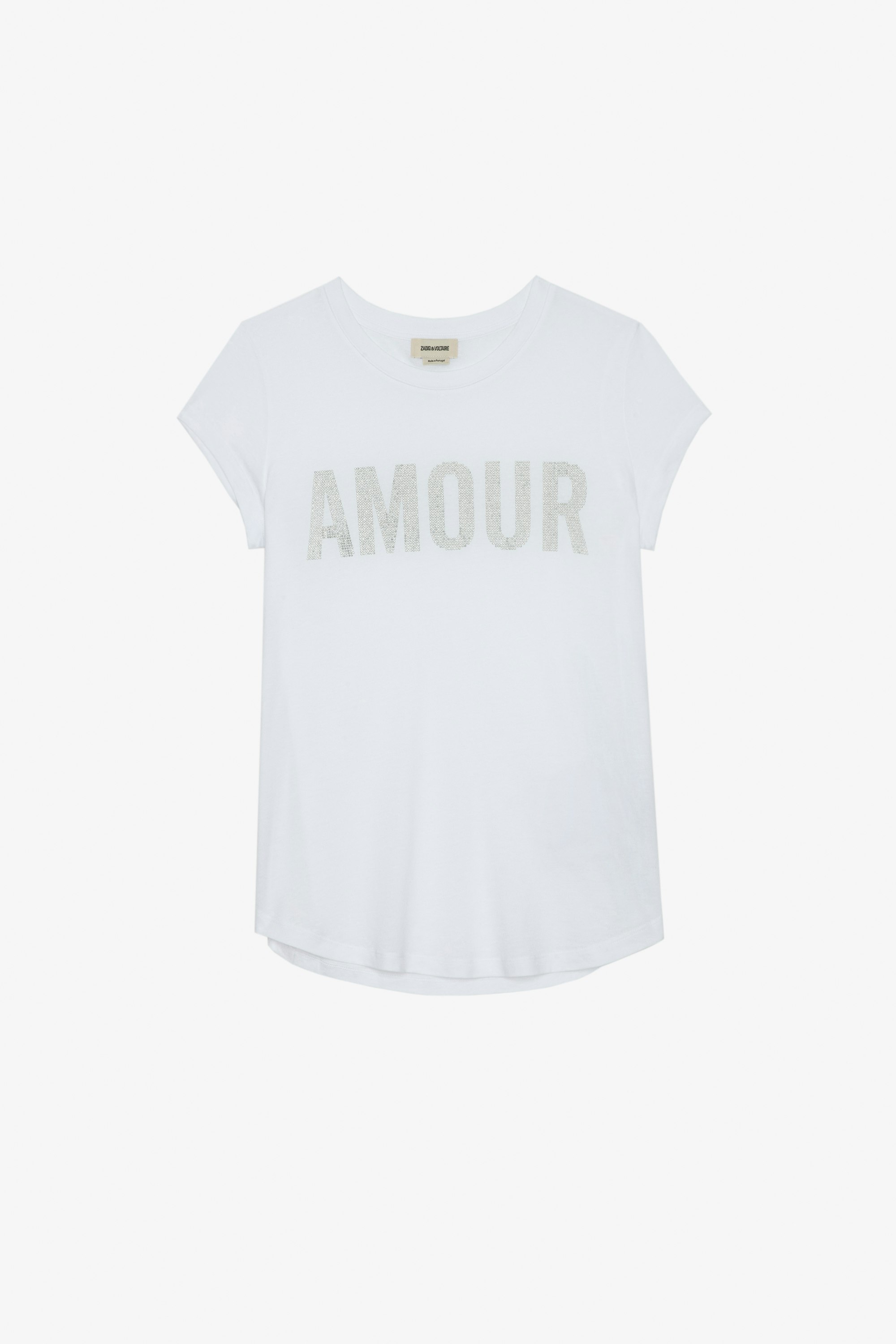 Woop Amour Strass T-shirt - Women's white short sleeve t-shirt with rhinestone "AMOUR" on front.