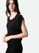 Donate Jewellery T-shirt - Women’s black T-shirt with star buttons.