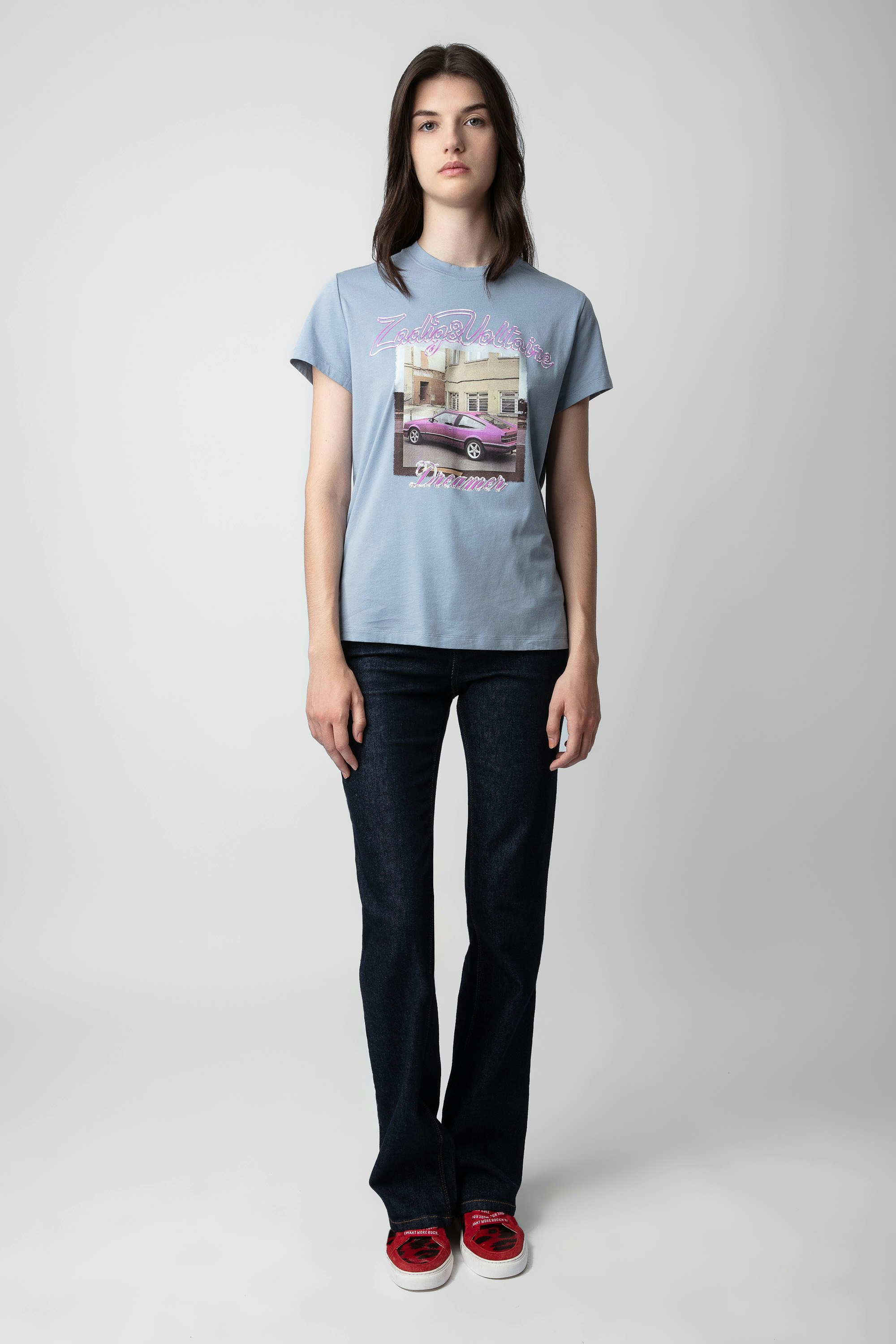 Zoe Photo Print T-shirt - Women’s sky blue cotton T-shirt with Pink Car photo print.