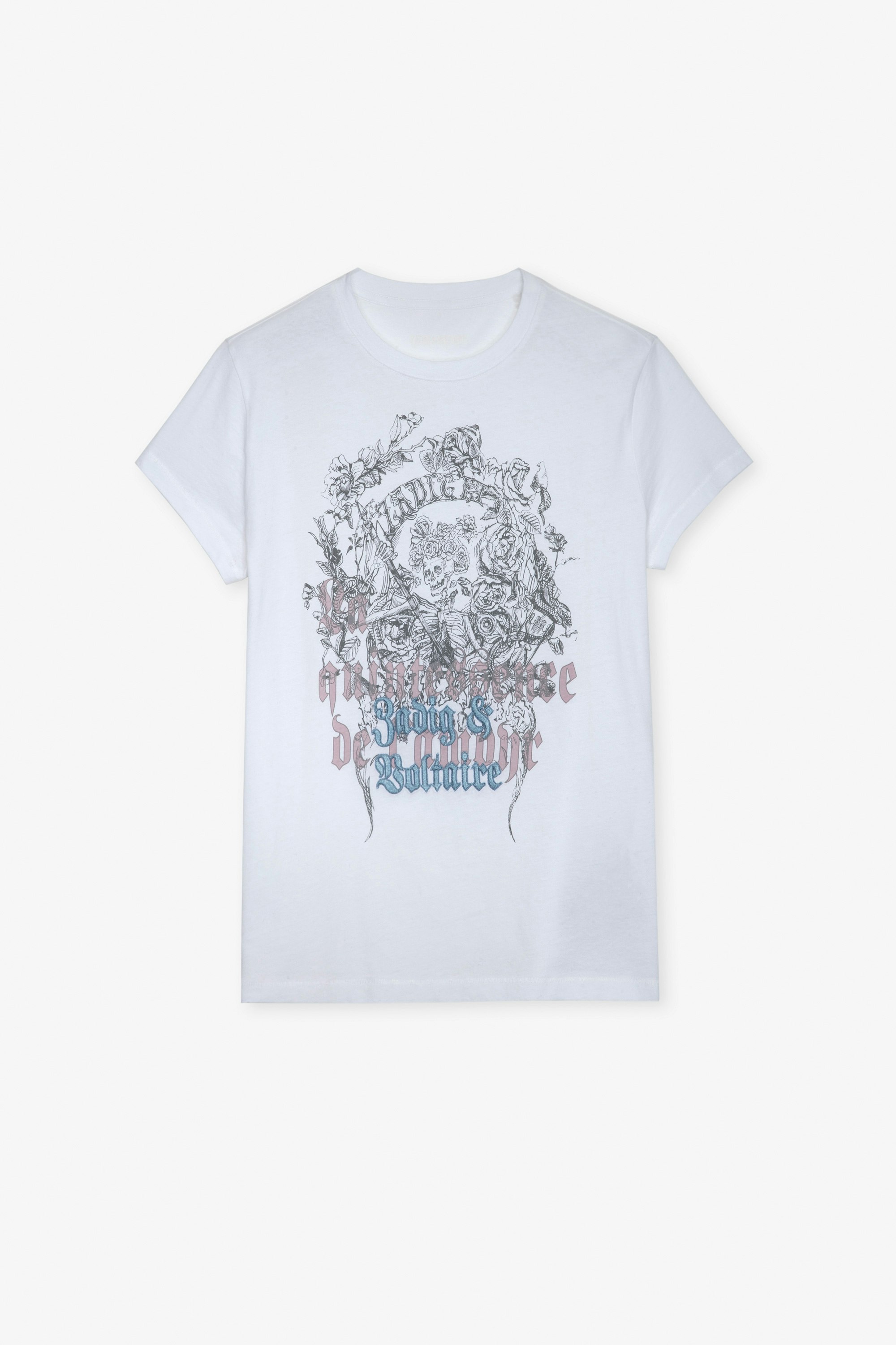 Walk Skull Reaper T-Shirt - Women's white cotton t-shirt with floral reaper print and "Zadig & Voltaire" embroidery on front.